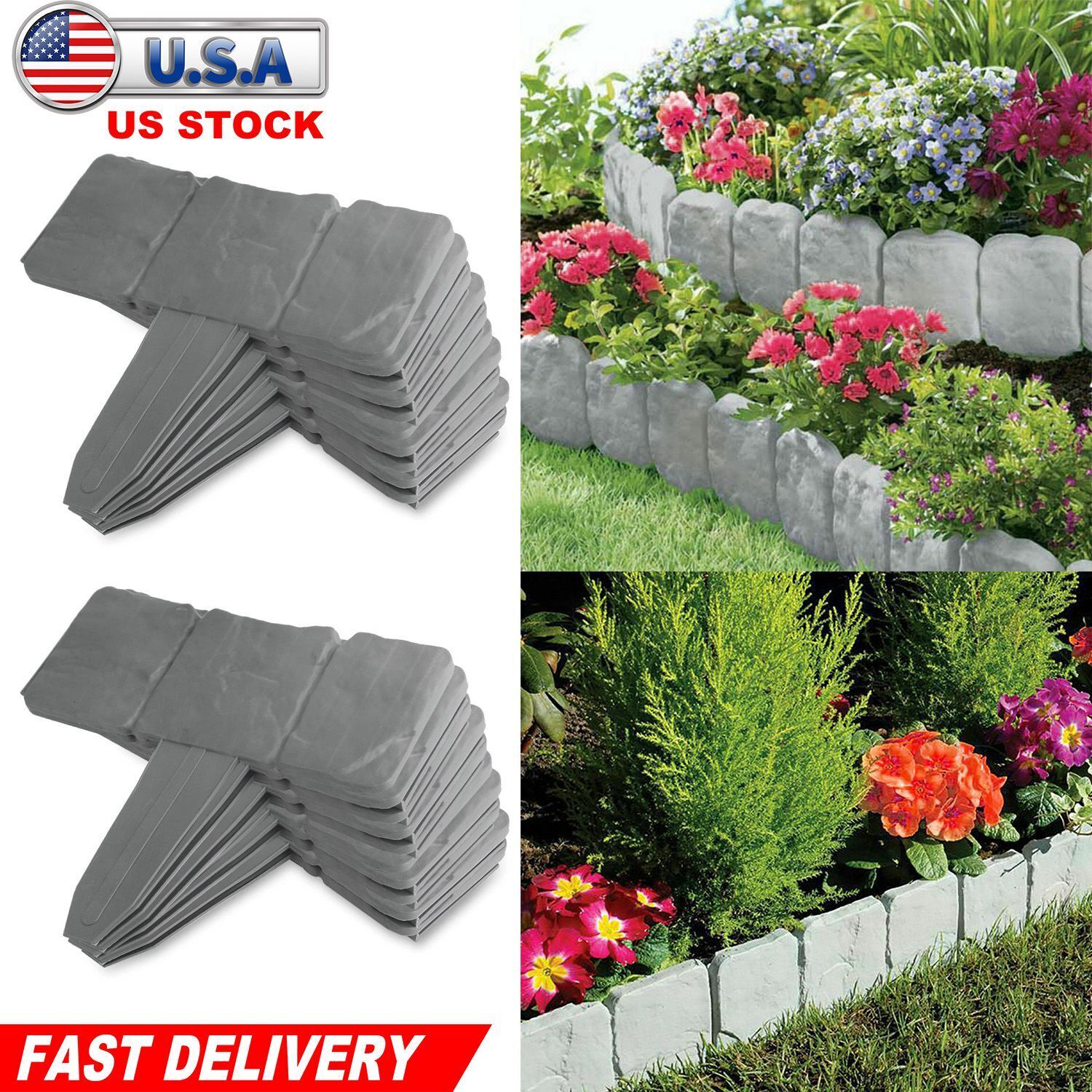 GCP Products 100Pcs Home Garden Border Edging Plastic Fence Panel Stone Lawn Yard Flowe Decor