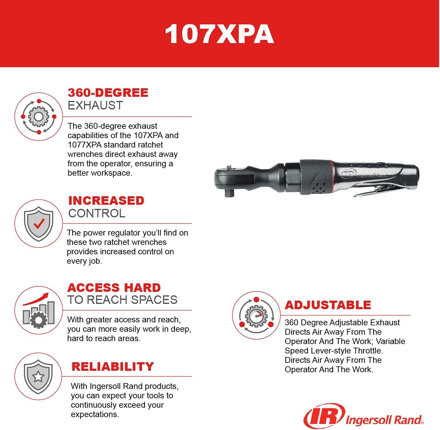 Ingersoll Rand 107XPA 3/8&a;#226;&a;#128;&a;#157; Air Ratchet Wrench, Heavy Duty, 54 ft lbs Max Torque Output, Variable S