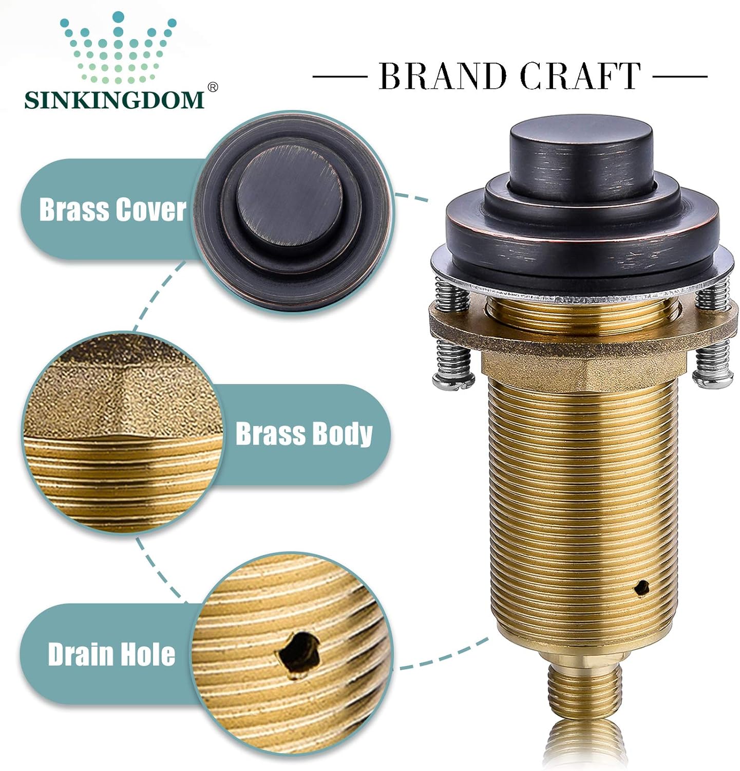 SINKINGDOM SinkTop Air Switch Kit with Oil Rubbed Bronze Long Button (Full Brass) for Garbage Disposal, Single Outlet