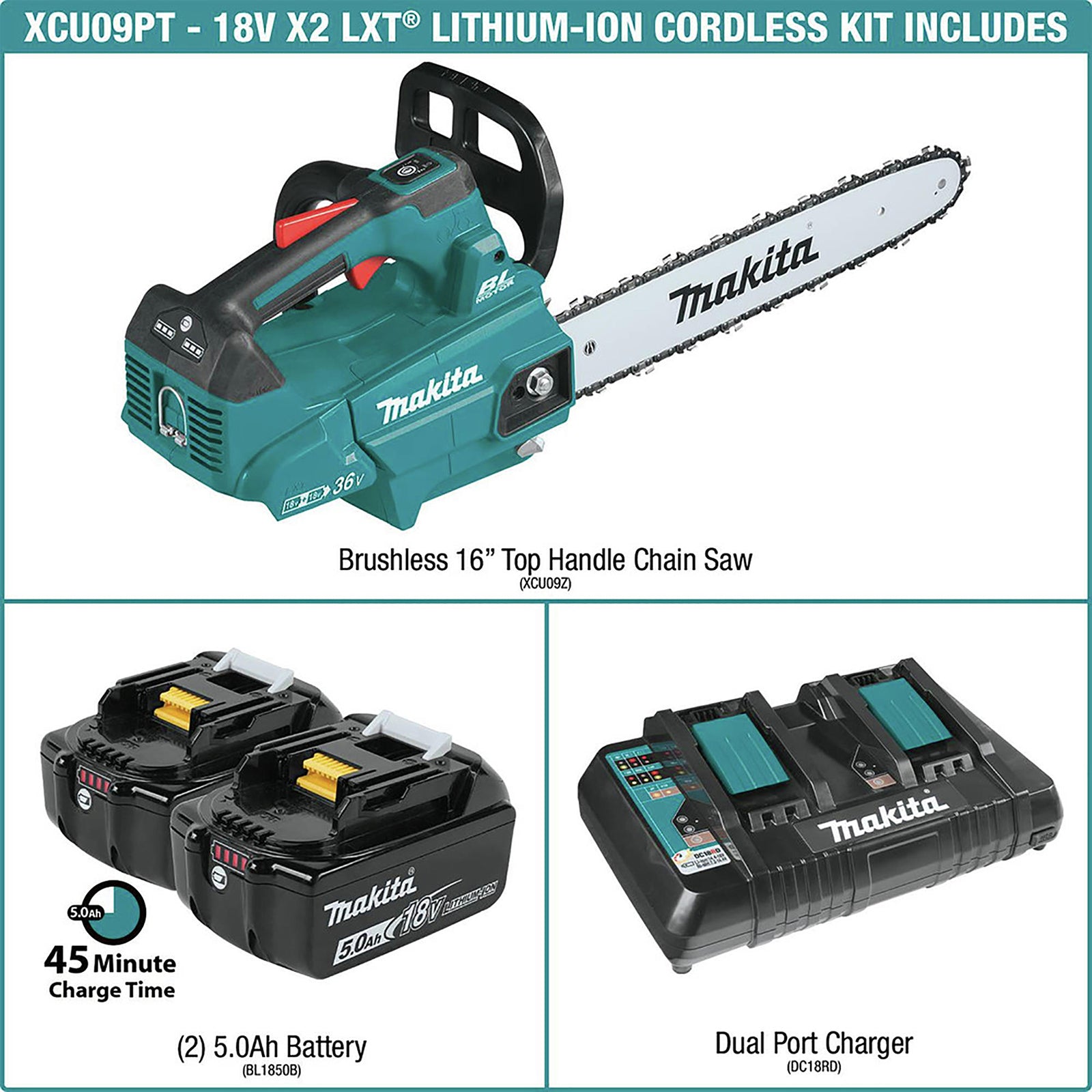 Makita XCU09PT  18V X2 (36V) LXT Lithium-Ion Brushless Cordless 16 in. Top Handle Chain Saw Kit (5 Ah)
