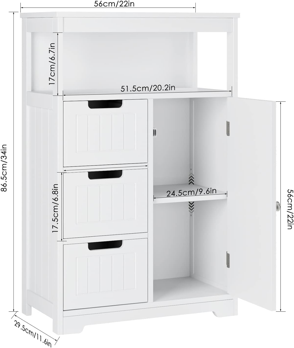 HORSTORS Bathroom Floor Cabinet, Free Standing Storage Cabinet with 3 Drawers and 1 Door