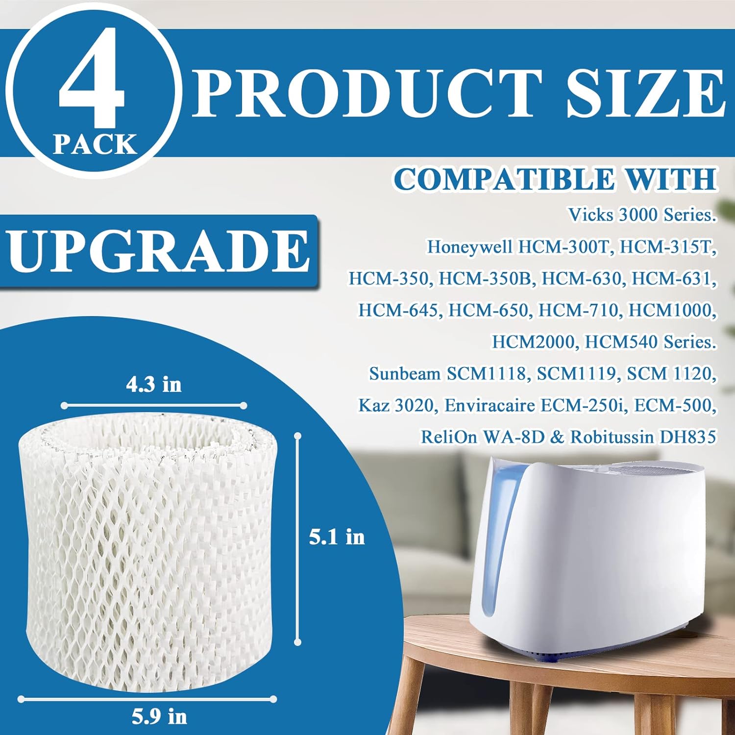 Funmit WF2 Humidifier Filter Replacement for Vicks Kaz Humidifier Starry Night Cool Mist V3500N V3700 V3100 V3900 Sunbeam 1118 1119 Se