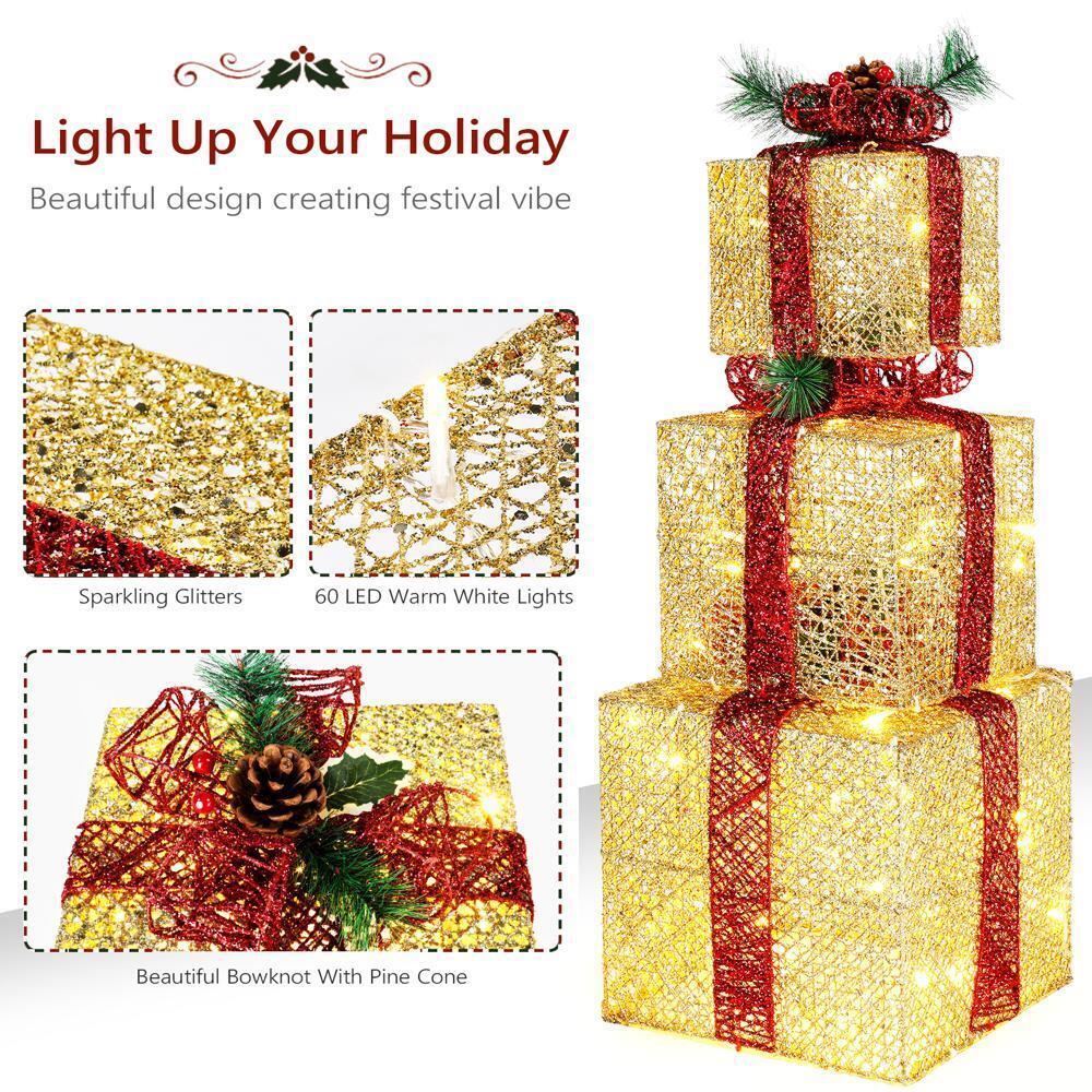 GCP Products 3Pcs Christmas Lighted Gift Boxes Decorations Holiday Party Home Yard Gold