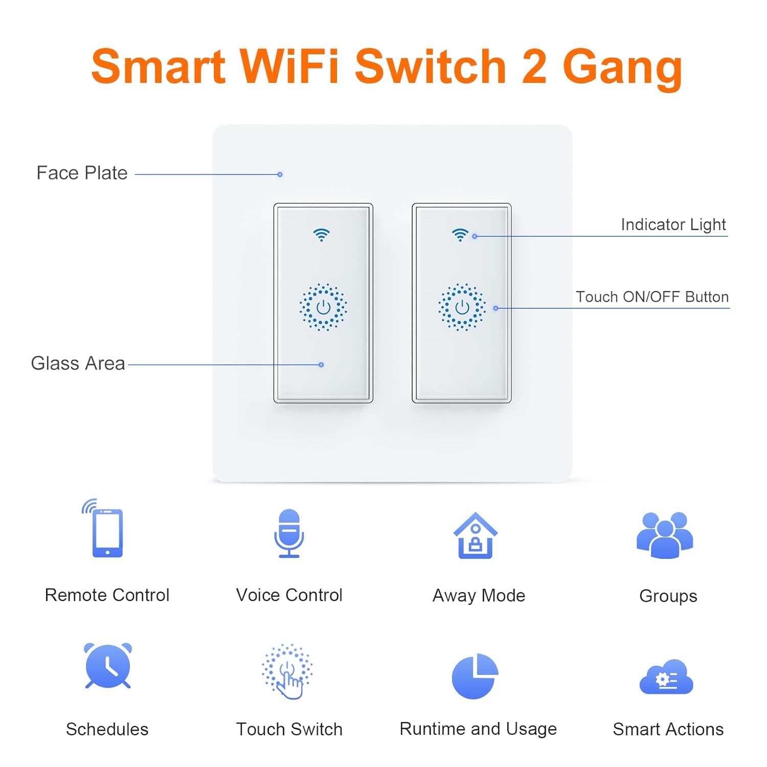 Generic Smart Switch, Smart Light Touch Switch 2 Gang, Double Smart WiFi Light Switches, Smart Switch 2 Gang Compatible with Alexa and