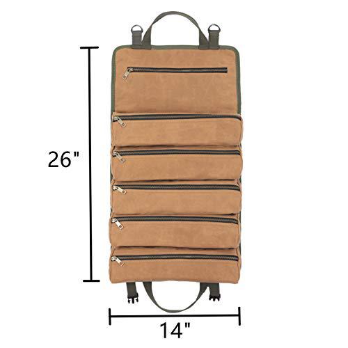 Denifiter wrench tool roll bag, heavy duty waxed canvas multi-purpose tool organize bag with 6 zipper pockets ( khaki )