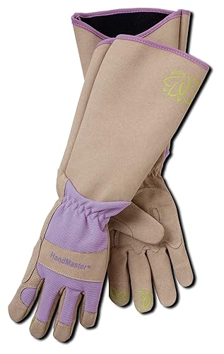 MAGID Extra-Long Thornproof Pruning and Gardening Gloves for Men, 1 Pair, Size 7/S with Forearm Protection, Tan &a; Purple