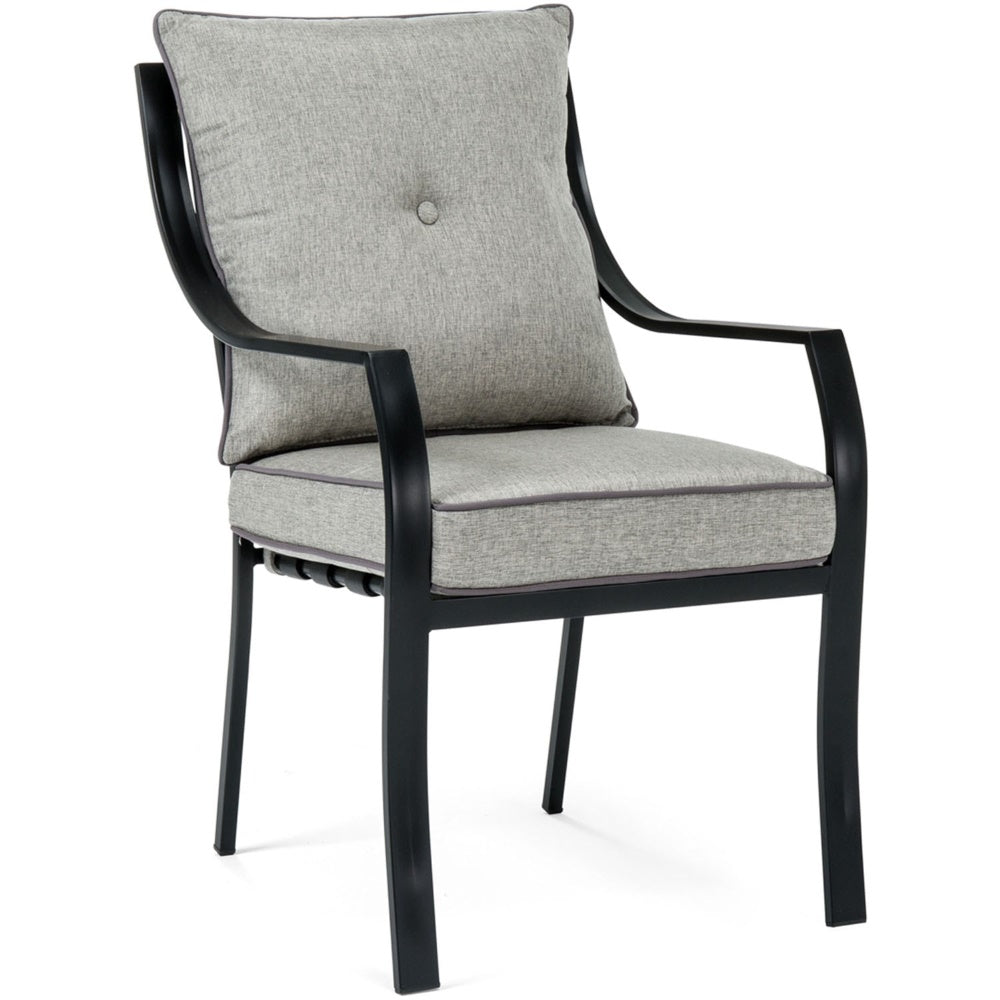 Hanover 5pc Dining Set: 4 Chairs, 1 Square Table, 1 Umbrella, 1 Umb Base - Gray/Silver Linings