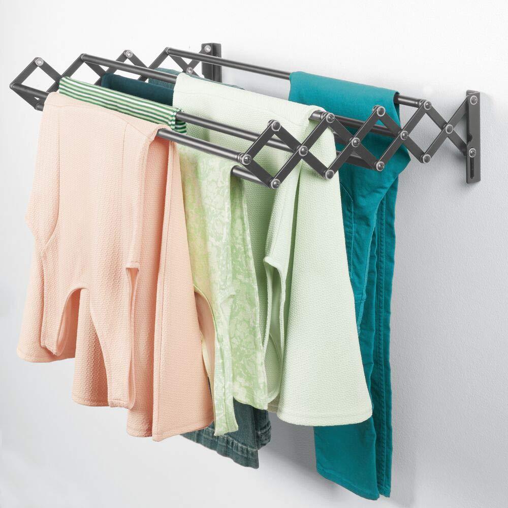 mdesign steel wall mount accordion expandable retractable clothes air drying rack - 8 bars for hanging garments - organizer f