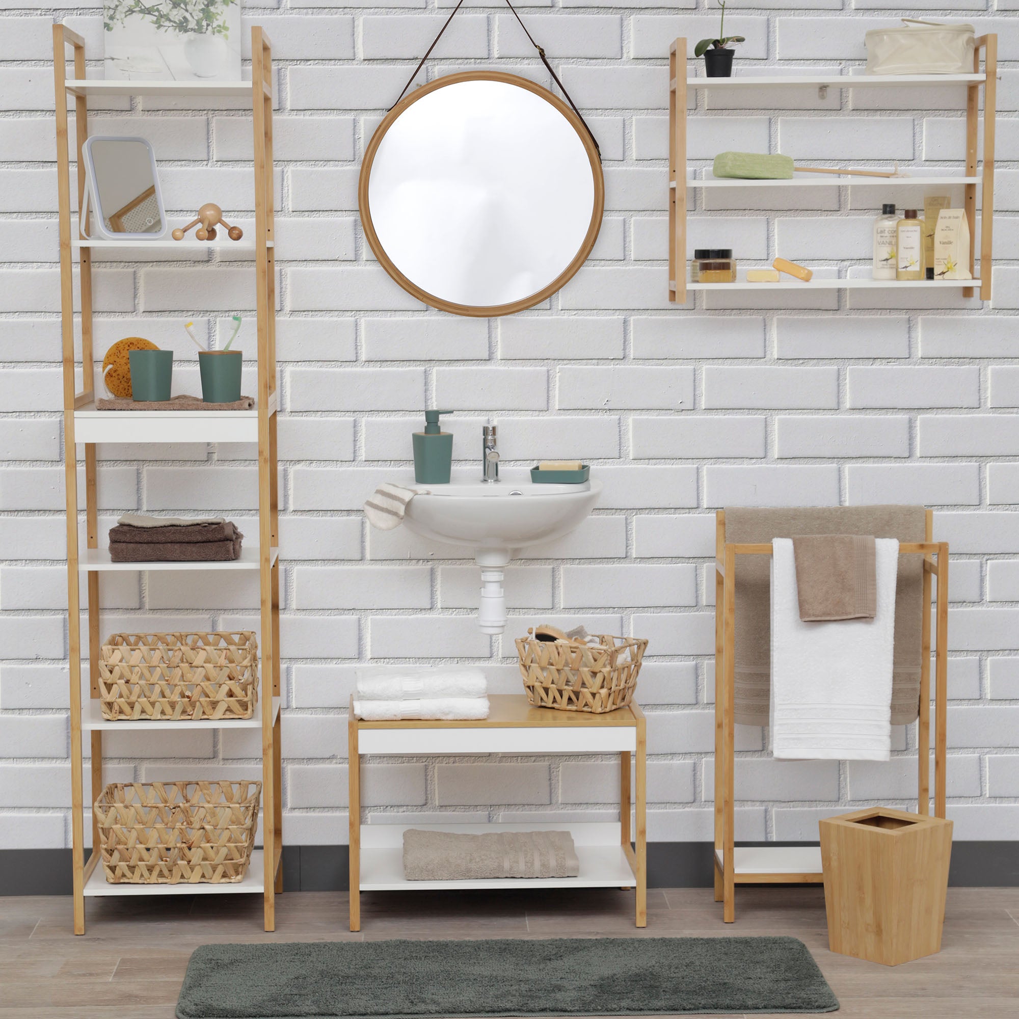 EVIDECO Bath Tower Shelving Unit Storage Padang 6 Shelves Bamboo Frame Wood White