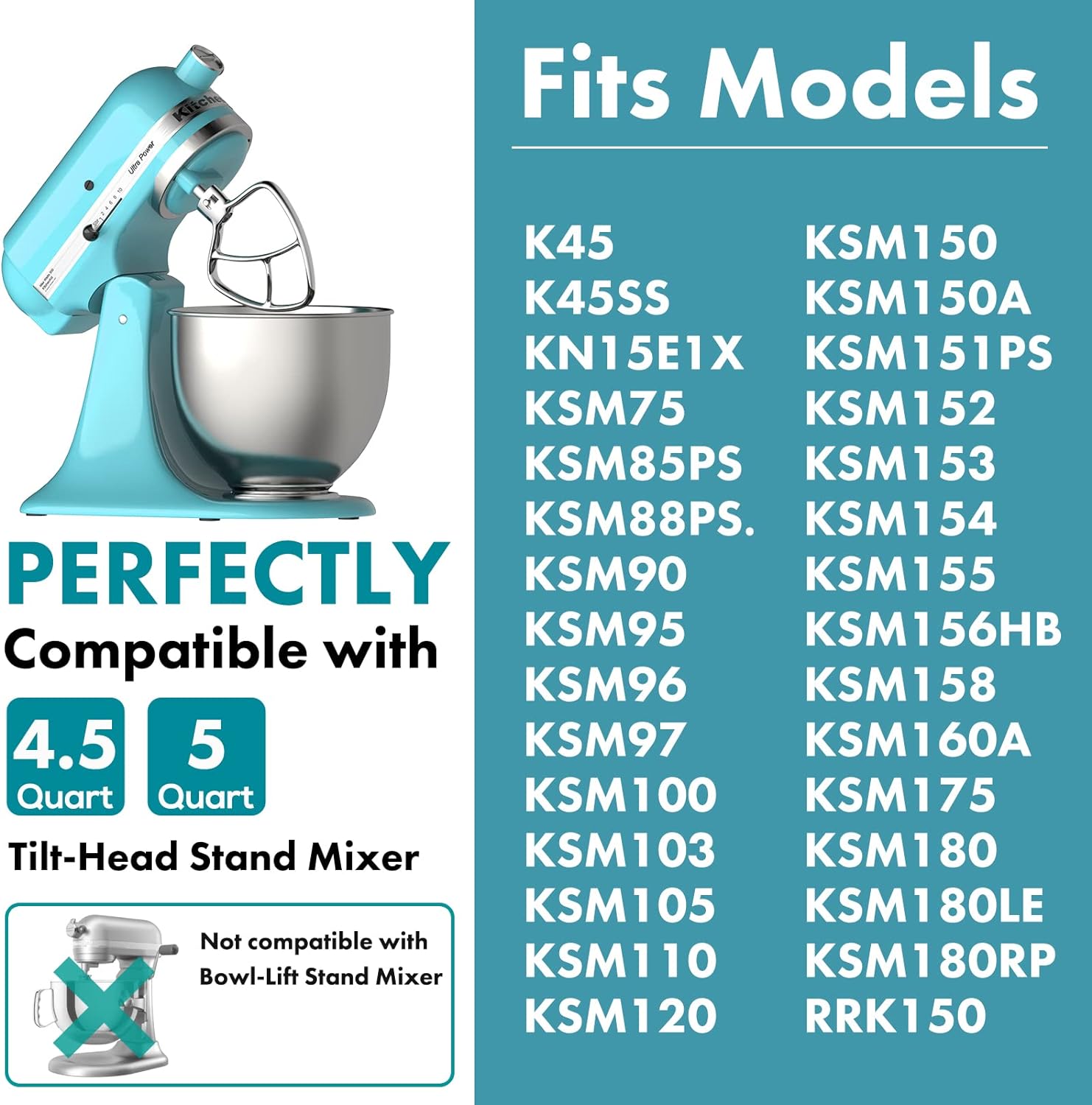 Generic Flat Beater Replacement for KitchenAid 4.5-5 Qt. Tilt-Head Stand Mixers/Polished 18/8 Stainless Steel Accessories/No coating/Di