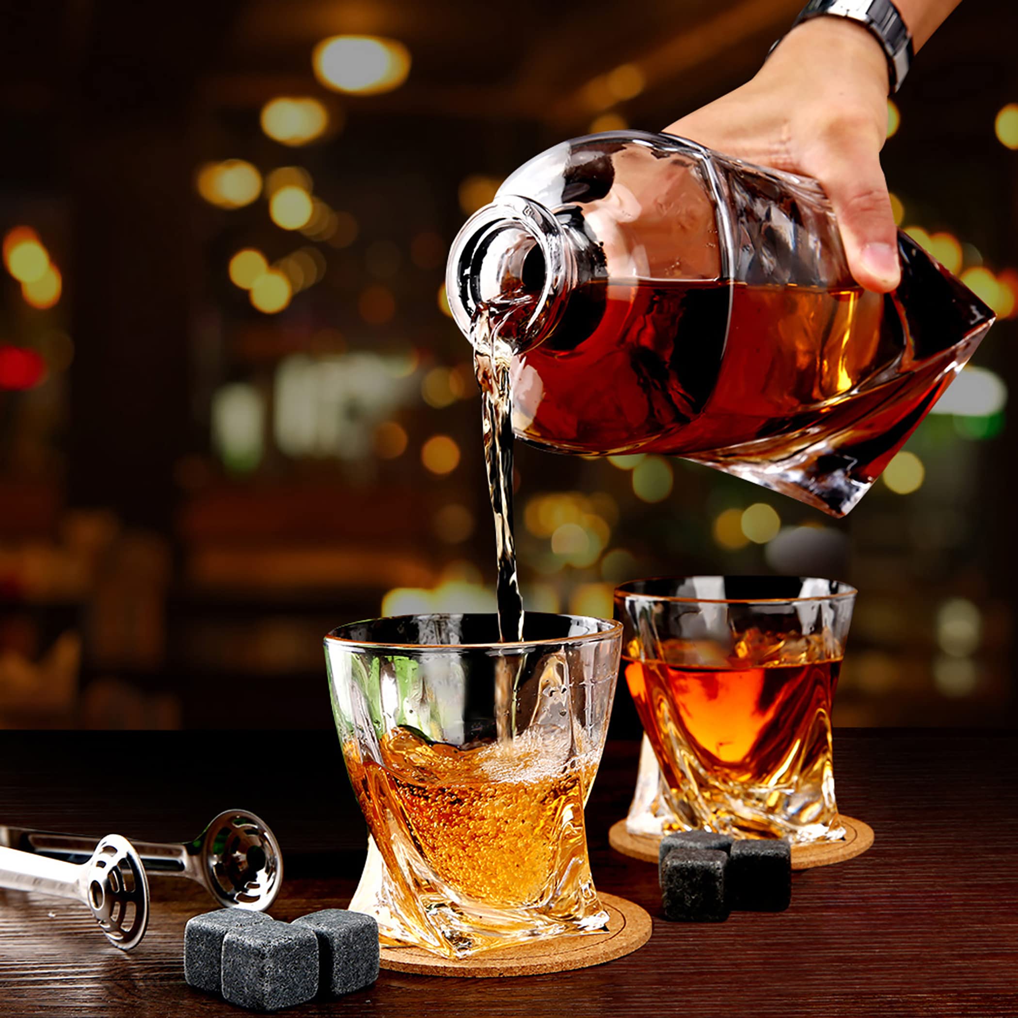 Bezrat Whiskey Decanter Gift Set - Husband Birthday Gifts Chilling Rocks Stones Scotch Bourbon Holder - 2 Whiskey Glasses - Perfect Whi