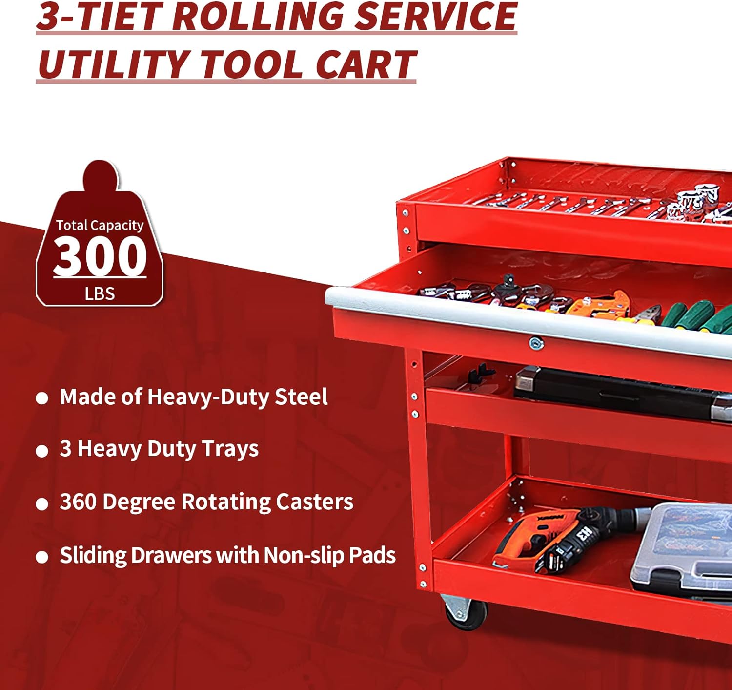 Wanmwill 3-Tray Rolling Tool Cart on Wheels, Tool Box with Wheels and Drawers, 300 LBS Utility Tool Storage Cart, Mechanic Tool Cart for