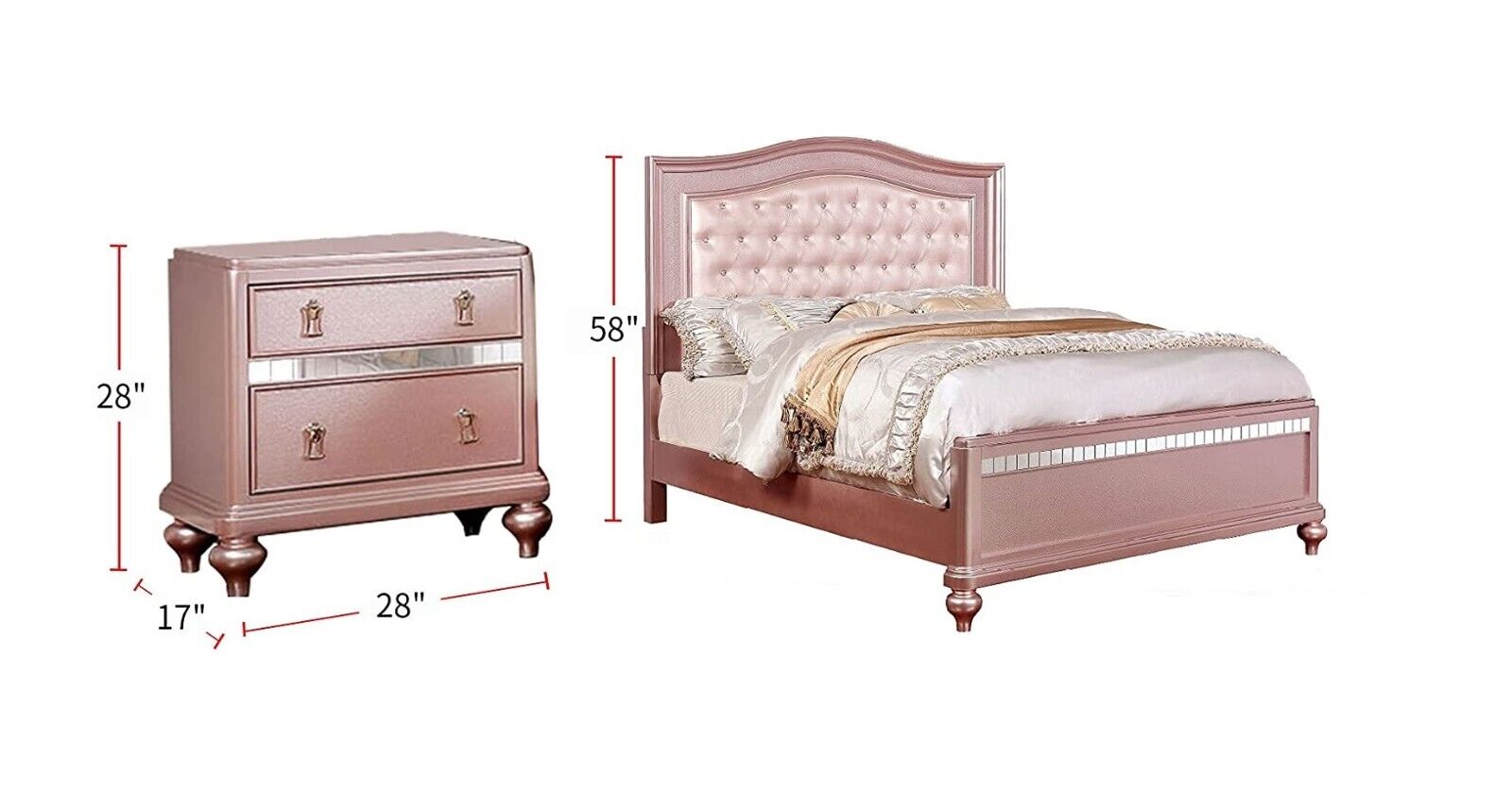 Esofastore Queen Size Bed And 2x Nightstands 3pc Set Bedroom Furniture Acrylic Buttons Tufted Pale Pink Leatherette HB Rose Gold