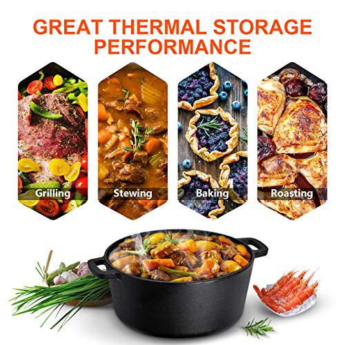 overmont 2 in 1 dutch oven with skillet lid cookbook recipe 5 qt cast iron casserole pot + 1.6 qt skillet lid pre seasoned wi