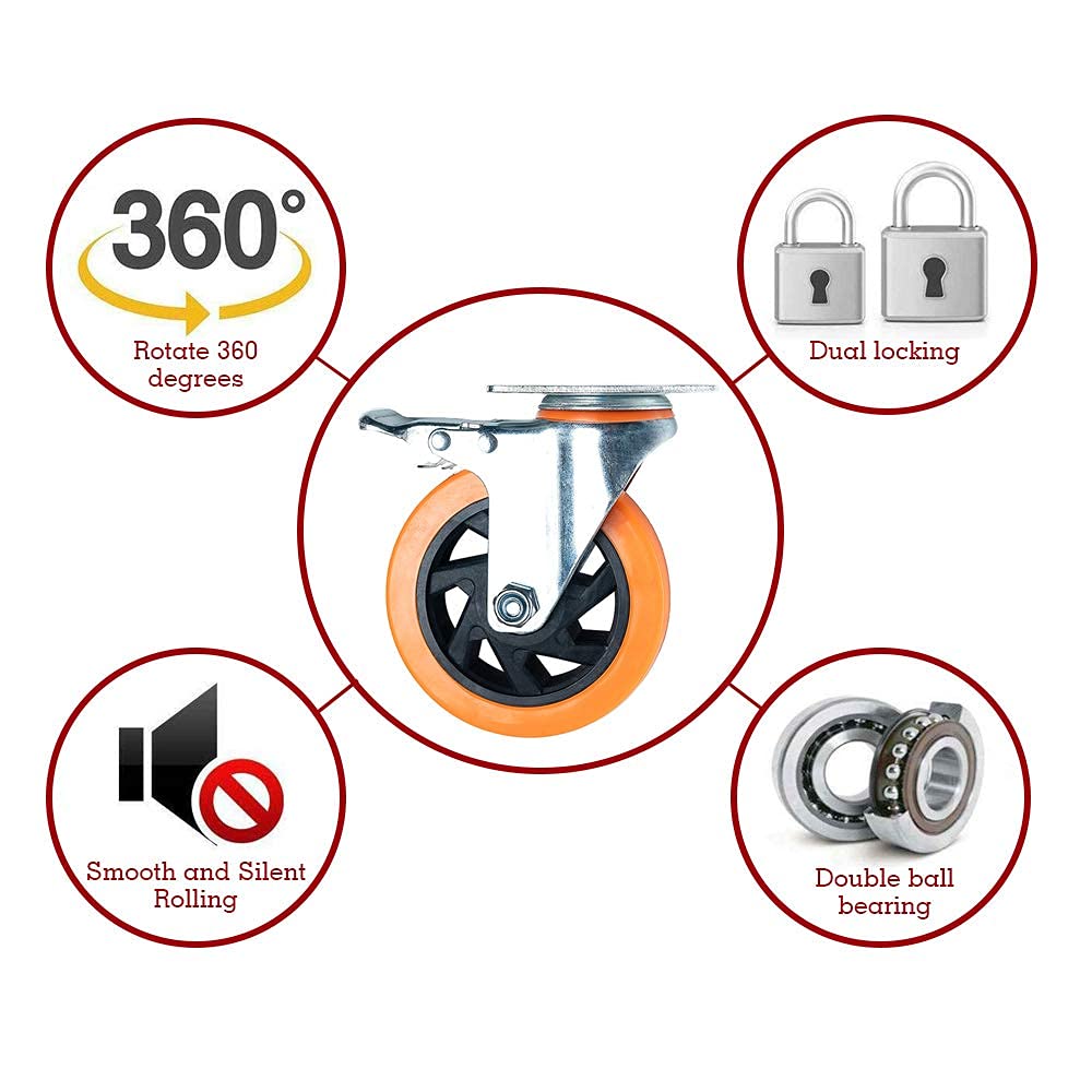 Ataqus N/A 5 Inches Heavy Duty Polyurethane Caster Wheels Anti-Skid Swivel Casters Wheels with 360 Degree for Set of 4 Orange (2PCS Loc