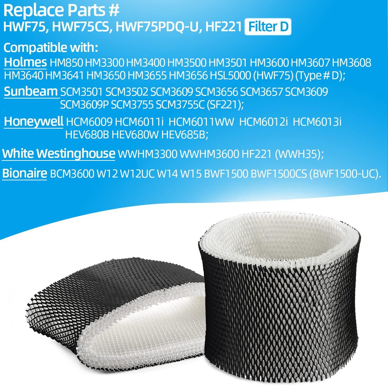 Tabashuna Alocs HWF75 Humidifier Filter D Replacement for Holmes - HM3500 HM3600 HM3650 HM3655 HM3656; Honey-Well HCM6009; Sunbeam SCM350