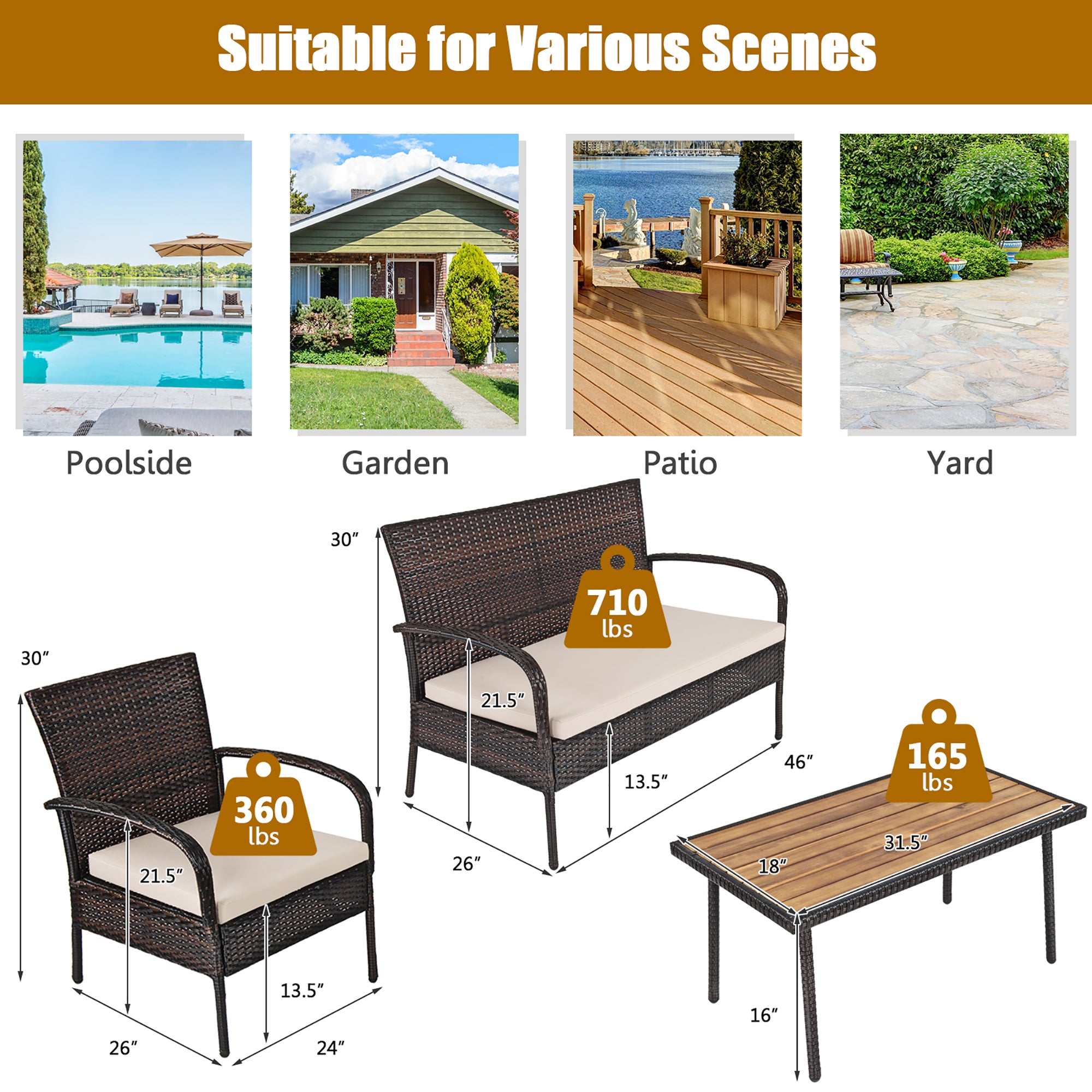 Costway 4PCS Patio Rattan Furniture Set Outdoor Conversation Set Coffee Table w/Cushions