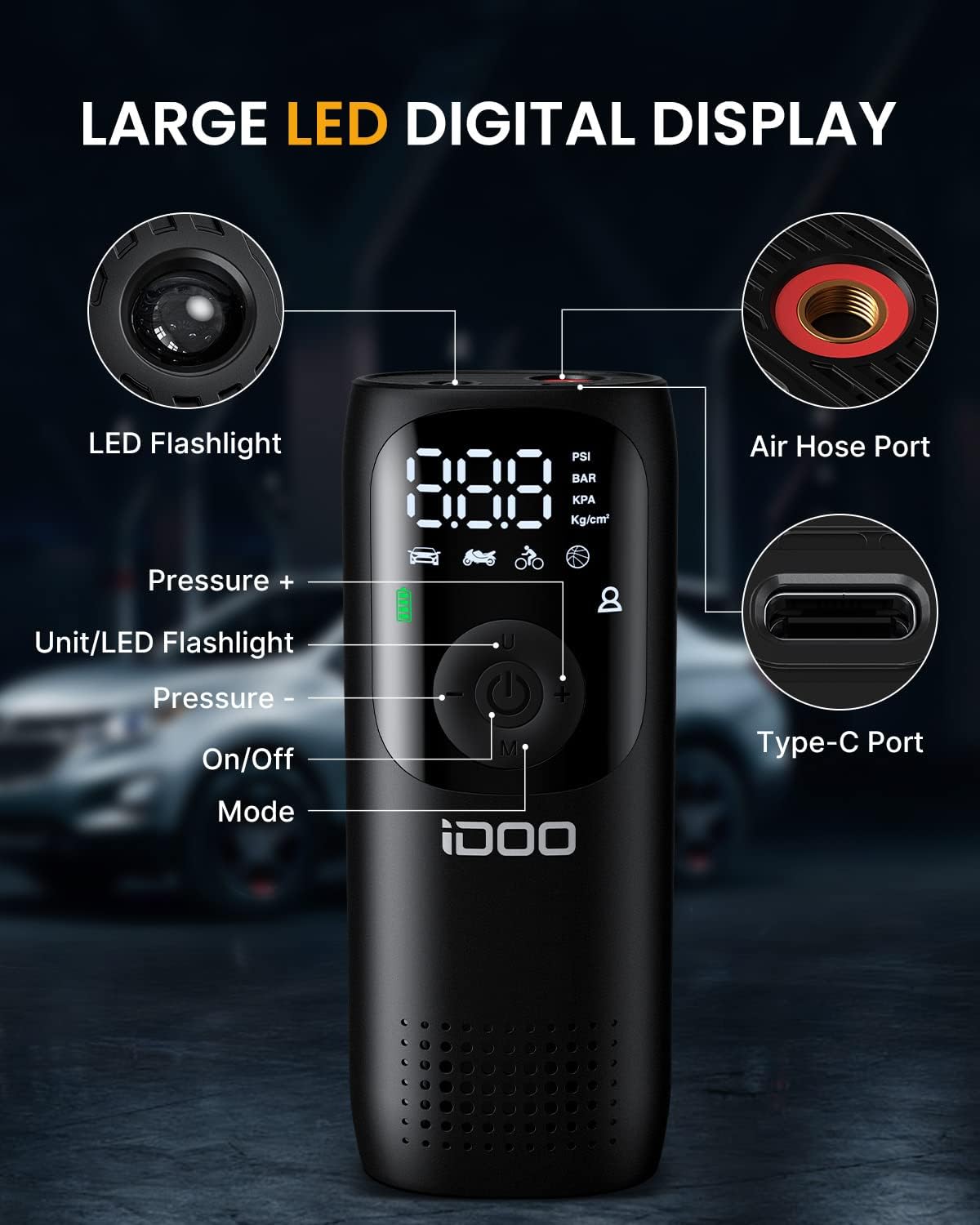 Idoo Mini Cordless Tire Inflator, Portable Air Compressor 150PSI for Car Tires with Pressure Gauge, LED Light, Car Accessories Elect