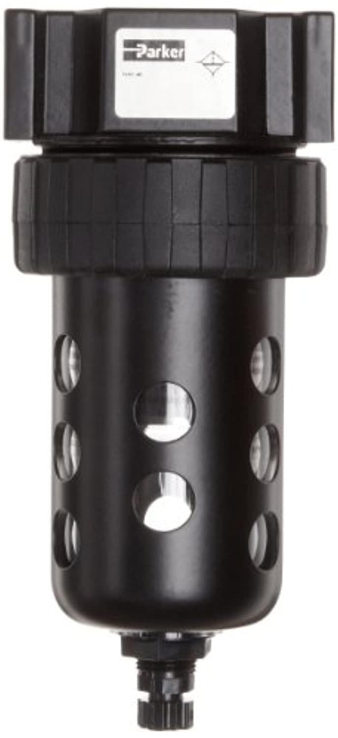 parker 06f12ac compressed air filter, removes particulate, polycarbonate bowl with metal bowl guard, manual drain, 40 micron,