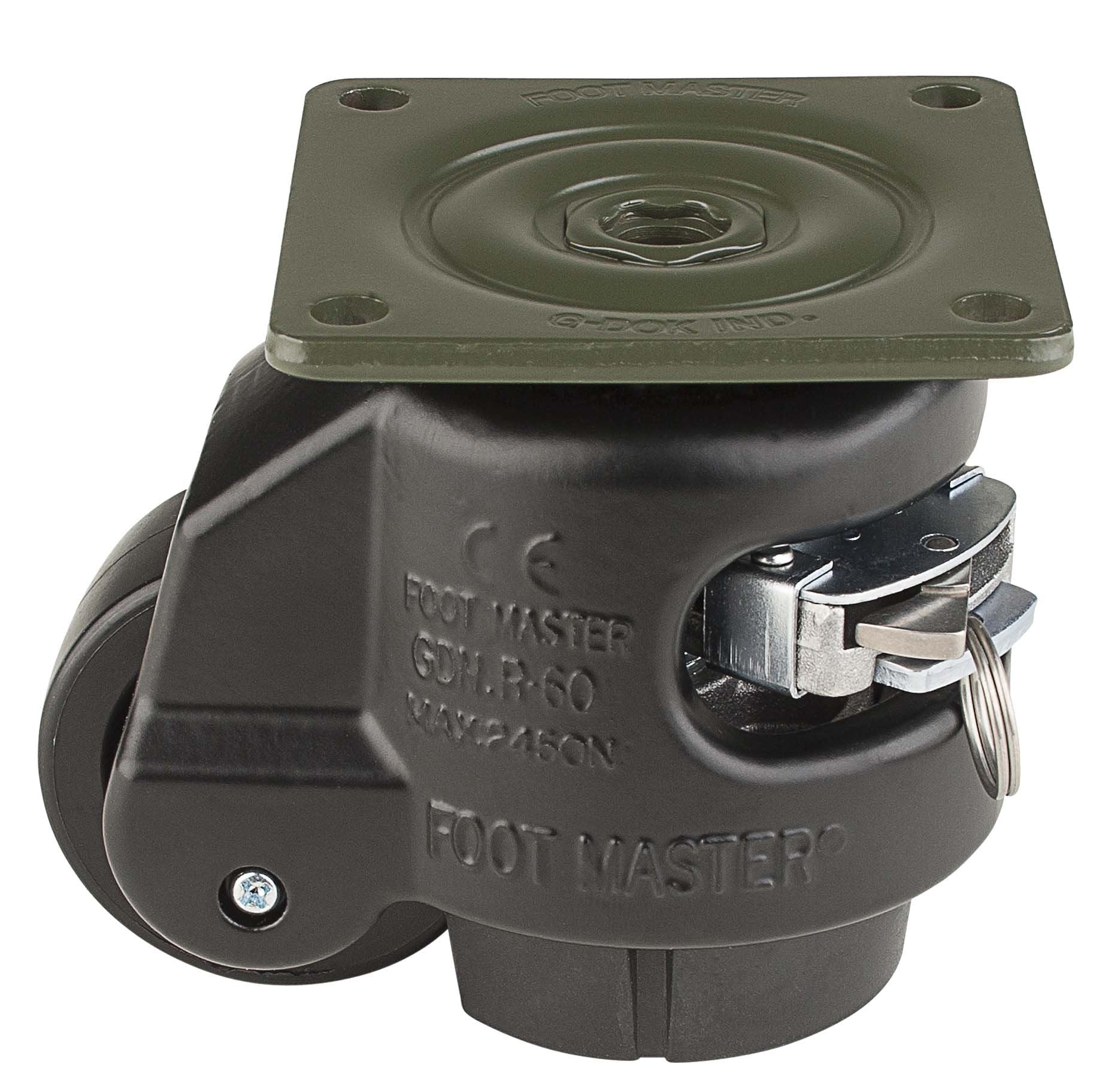 FOOT MASTER GDR-80-F-NYN-FBL Leveling Caster, 63 mm Nylon 66 Wheel, Flat Black, Height Adjustable Ratchet, Plate Mounted Swivel