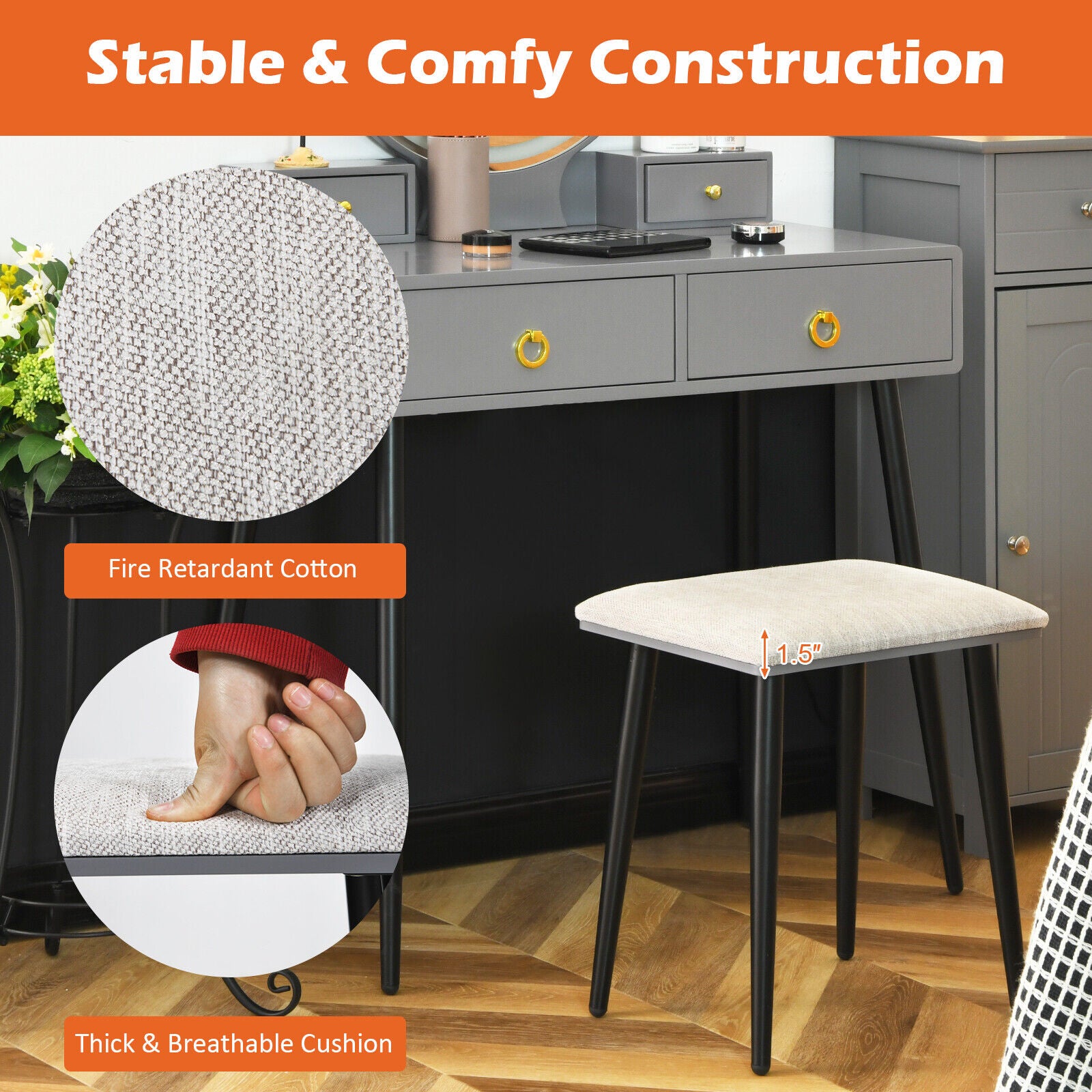 Great Choice Products Vanity Table Set With Mirror, Makeup Desk &a; Stool With 3-Color Adjustable Gray
