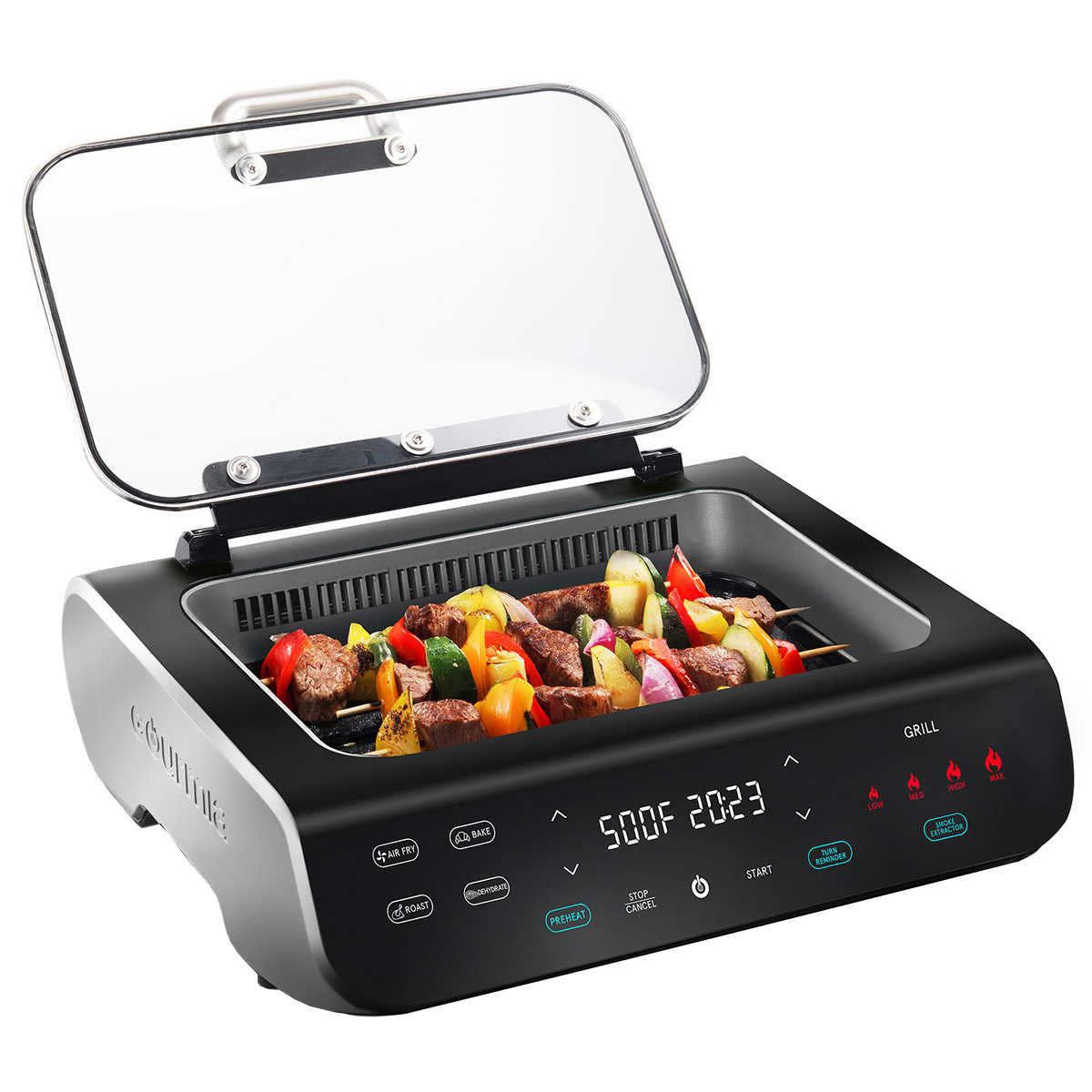 gourmia 5-in-1 foodstation smokeless grill &a; air fryer with integrated temperature probe - 4.9 liter capacity