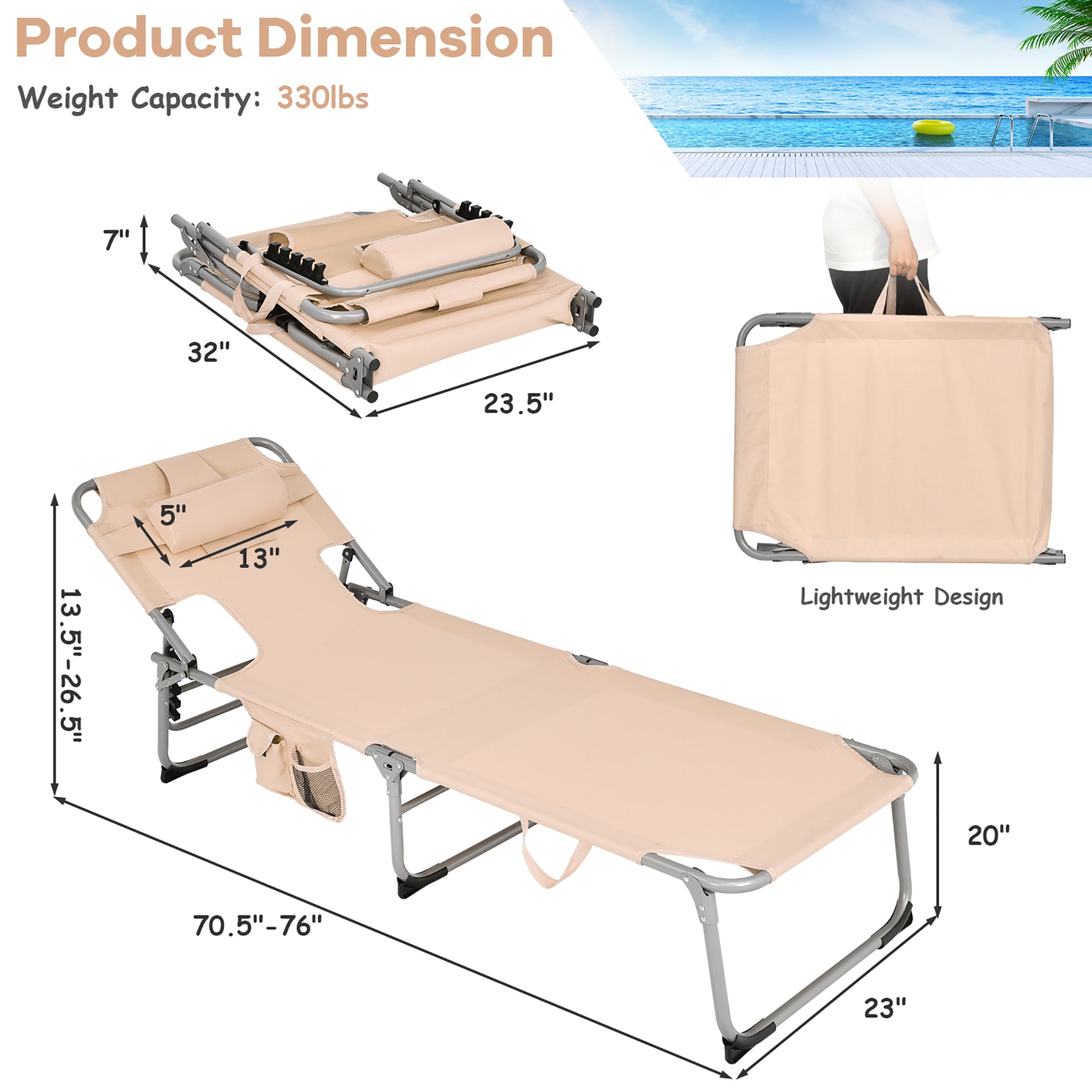 Gymax 2 Pieces Portable Beach Chaise Lounge Chair Folding Reclining Chair w/ Facing Hole Beige