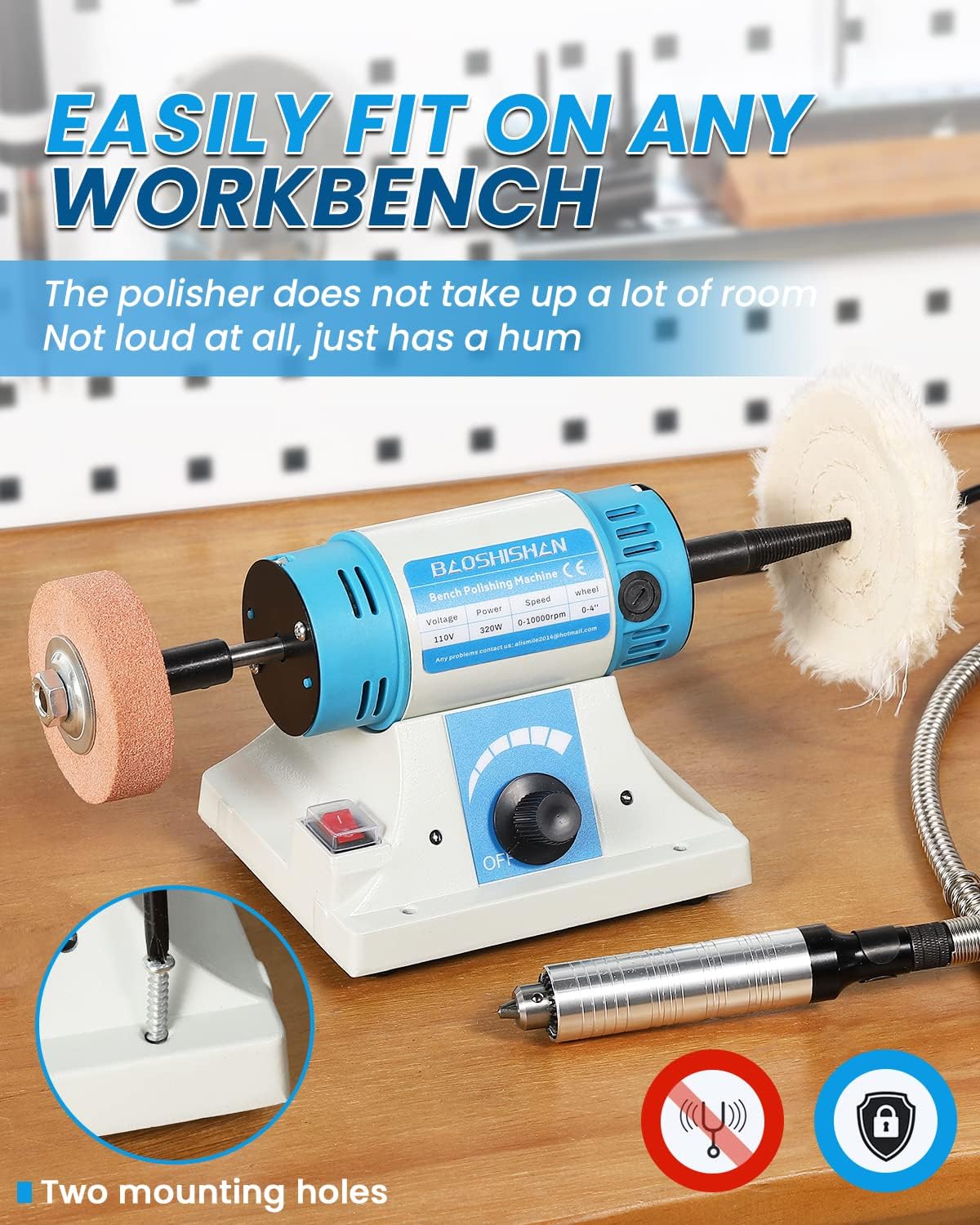 Baoshishan Jewelry Polisher, Bench Buffer Polishing Machine with Accessories, Multi-Function Benchtop Polisher Grinder, 110V for Jewelry,