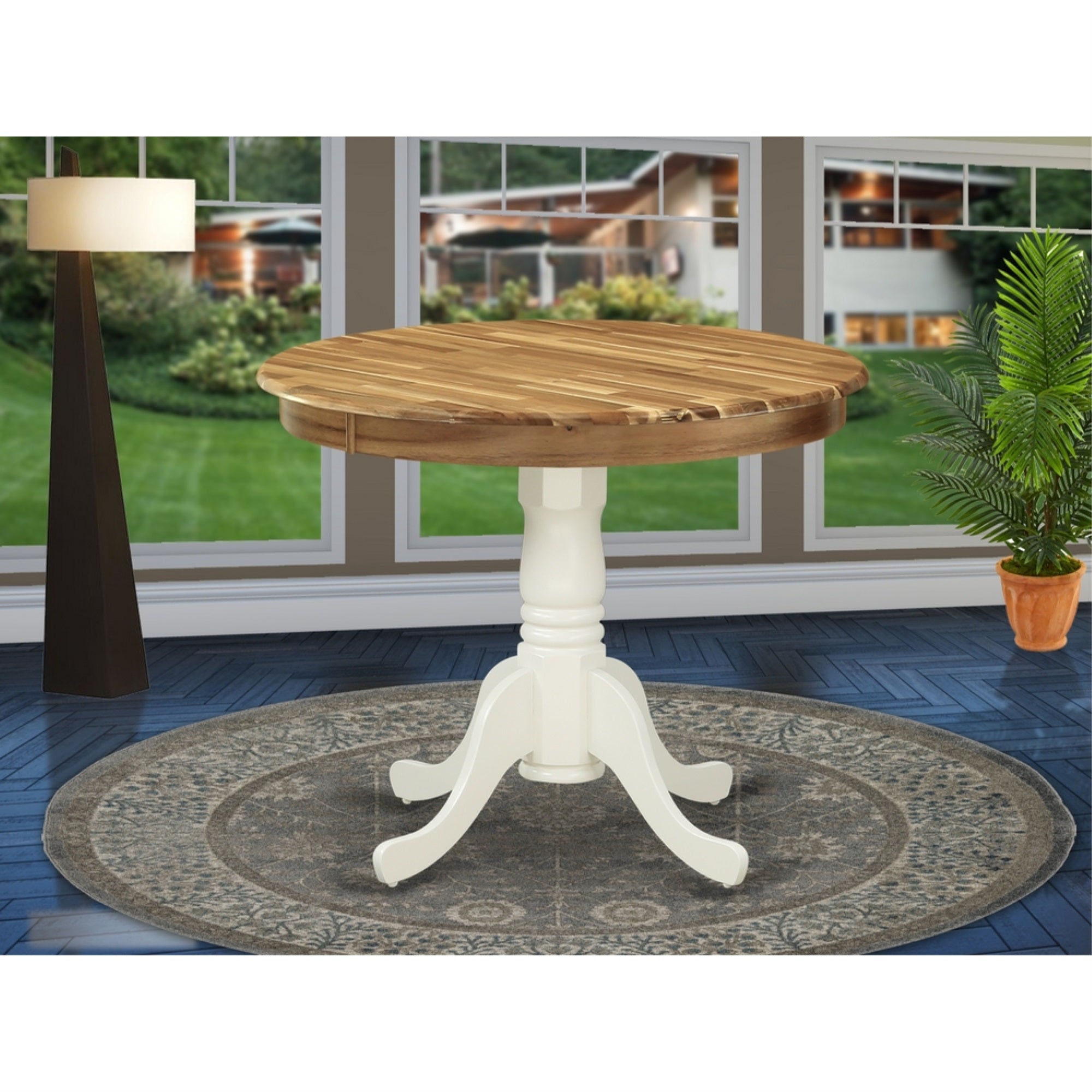 East West Furniture AMT-NLW-TP Antique Dining Table Made of Acacia Wood offering Wood Texture Table Top, 36 Inch Round, Linen White Pedestal