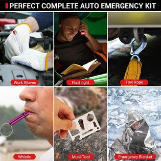 Adakiit Car Emergency Kit,24 in 1 Multifunctional Roadside Assistance Auto Safety Kit,First Aid Kit,Jumper Cables,Tow Rope,Triangle