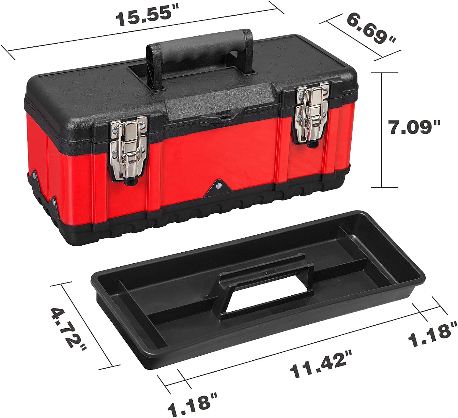 Jack Boss Steel Tool Box 15.5- Inch Small Portable Tool Box Organizer with Built-in Short Non-slip Handle Car Tool Box with Removable tra