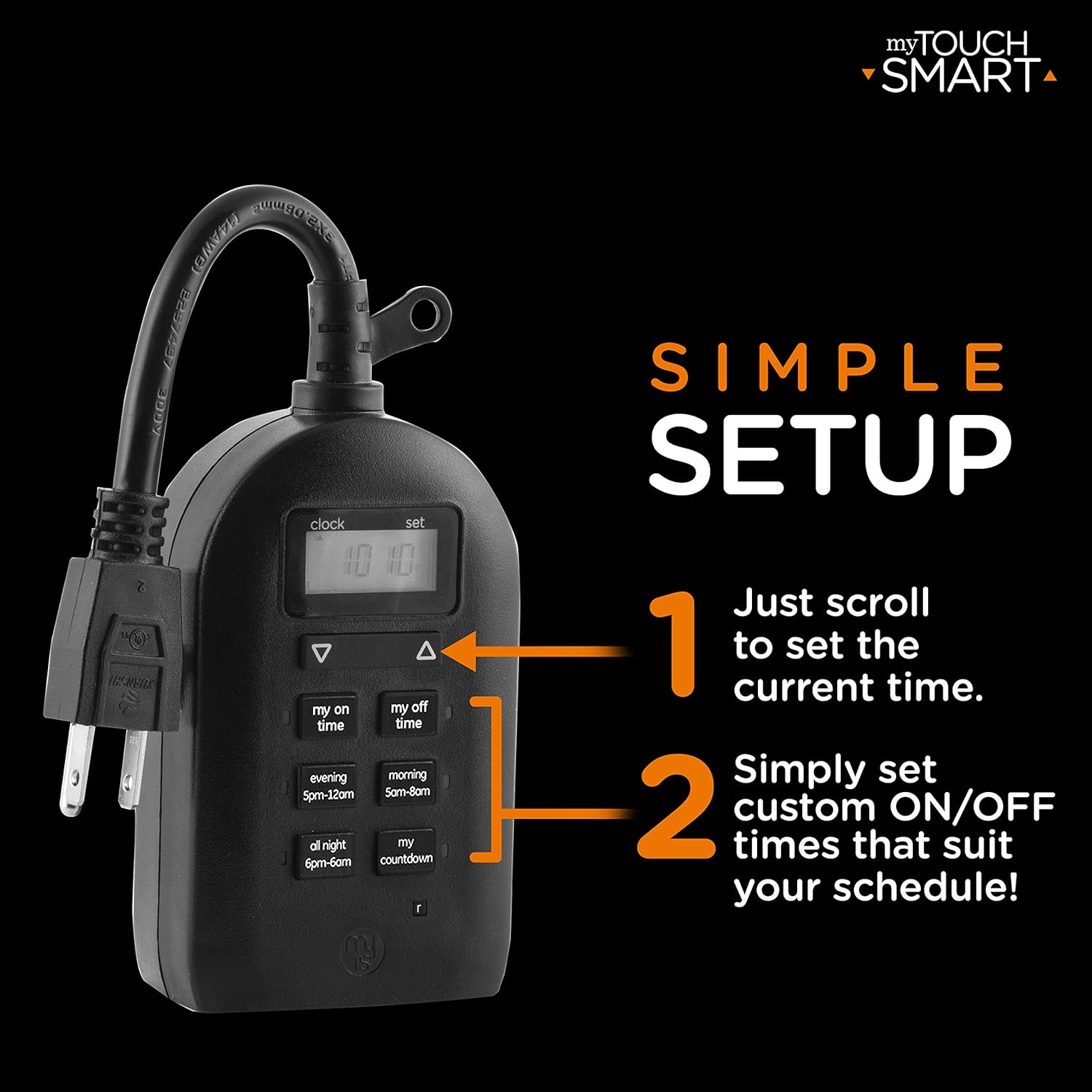 myTouchSmart Indoor and Outdoor Digital Timer, Plug-In, Two Grounded Outlets, Weather Resistant, Presets/ Custom Countdown, Ide