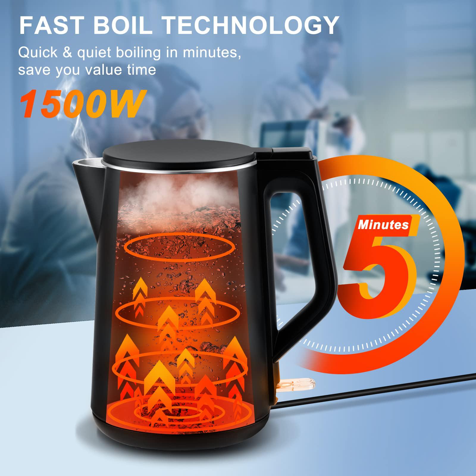 Aylion electric kettle, 100% stainless steel interior double wall electric tea kettle, 1500w cool touch water boiler, 1.5l, bpa-free