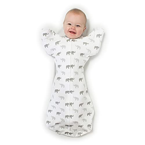 Amazing Baby Transitional Swaddle Sack with Arms Up Half-Length Sleeves and Mitten cuffs, Tiny Elephants, Blue, Medium, 3-6 Mont