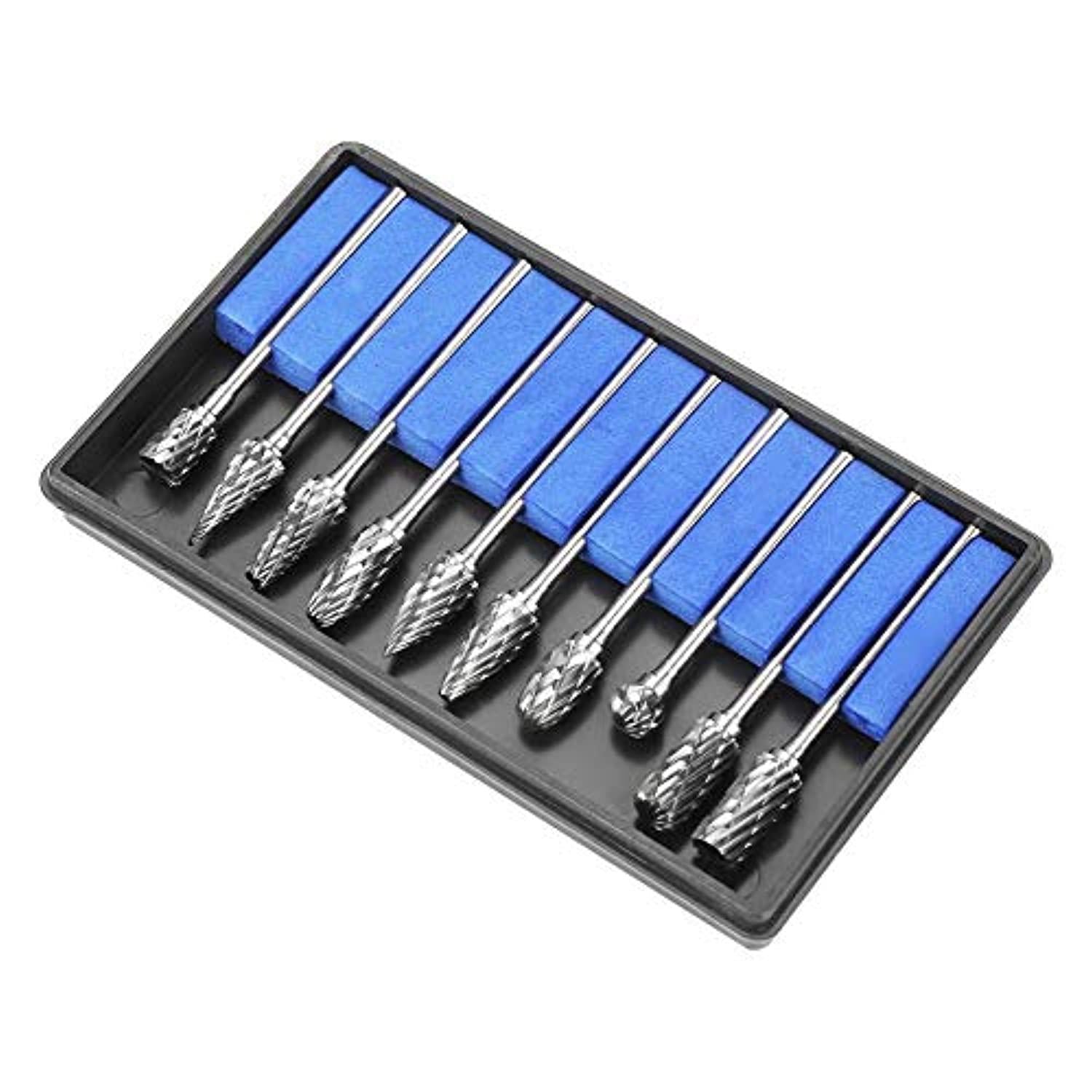 Yanmis carbide burr set, 10pcs double cut solid carbide rotary burr set with 2.35mm shank for carving, shaping and for the removal o