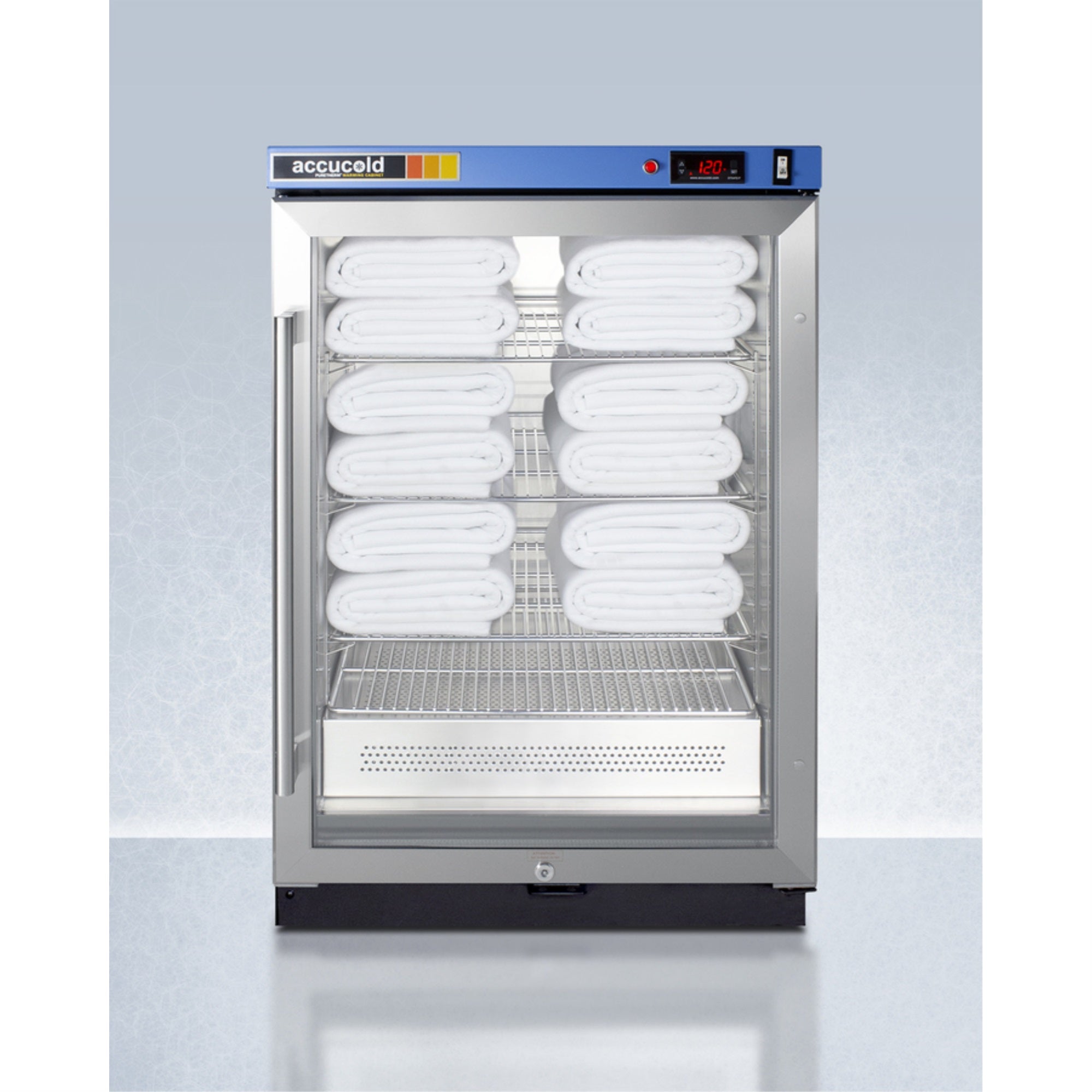 Puretherm Single chamber blanket warmer with glass door, stainless steel interior, digital thermostat, and lock PTHC65G