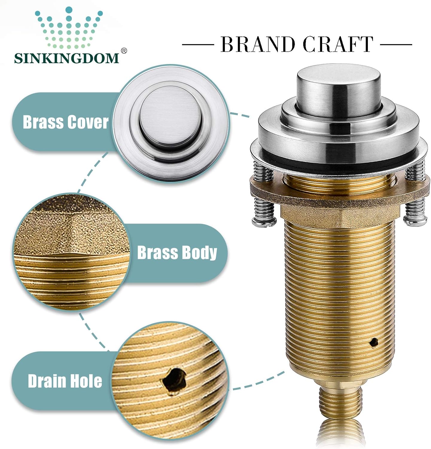 SINKINGDOM SinkTop Air Switch Kit with Brushed Nickel Long Button (Full Brass) for Garbage Disposal, Single Outlet