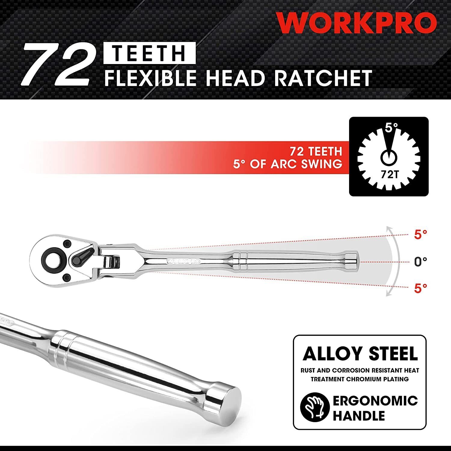 GCP Products 1/2Inch Drive Flex Head Ratchet 72-Tooth Ratchet Flex Head Quick Release