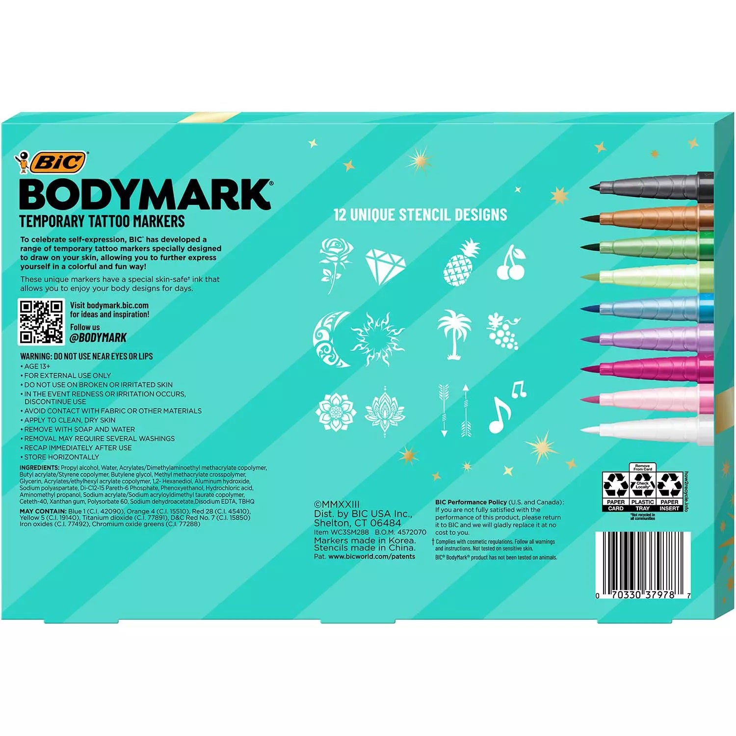 BIC BodyMark Temporary Tattoo Kit, 9 Markers &a; 6 Stencil Sheets