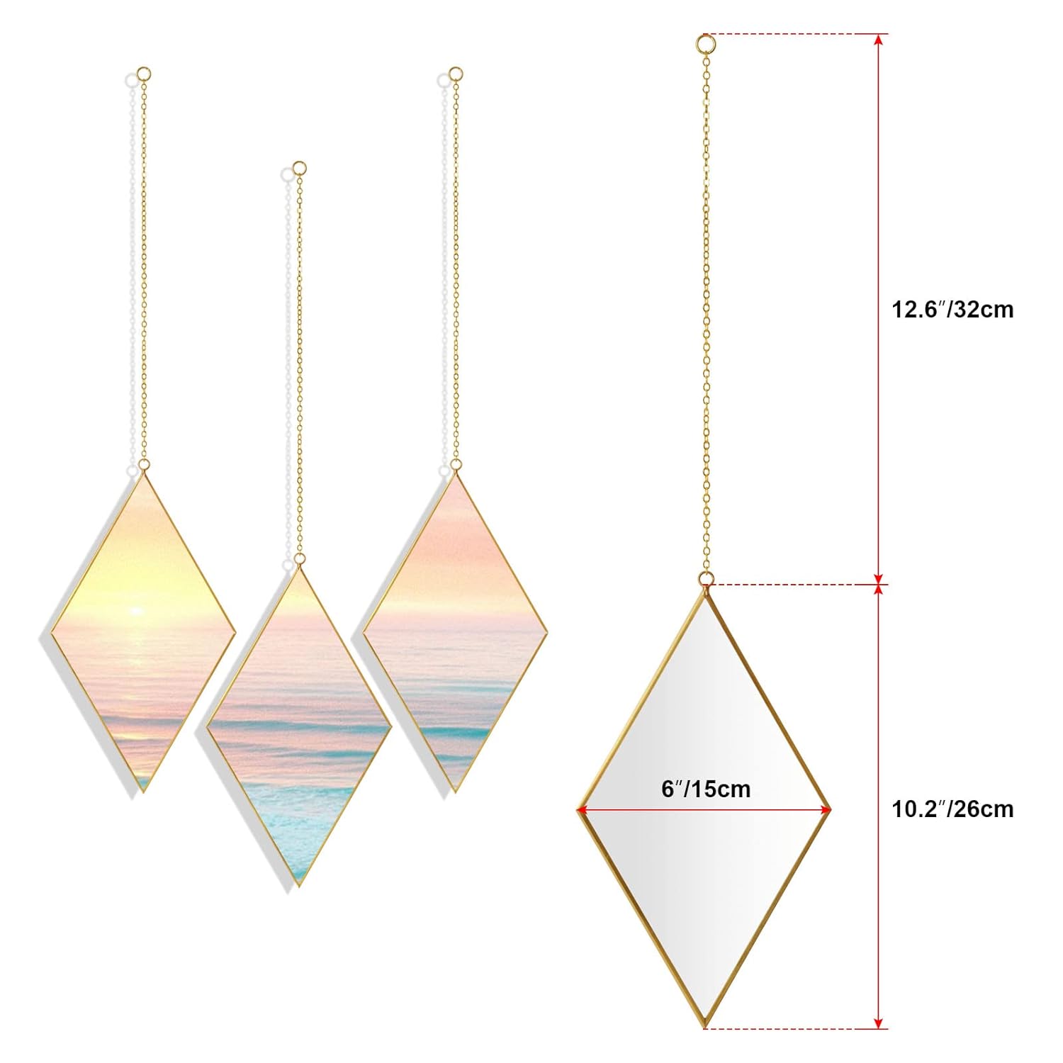 GCP Products 3 Pcs Rhombus Mirror Wall Decor,Wall Mirrors Decorative For Living Room,Bathroom,Bedroom,Farmhouse,Entryway,Dining Room (Gold…