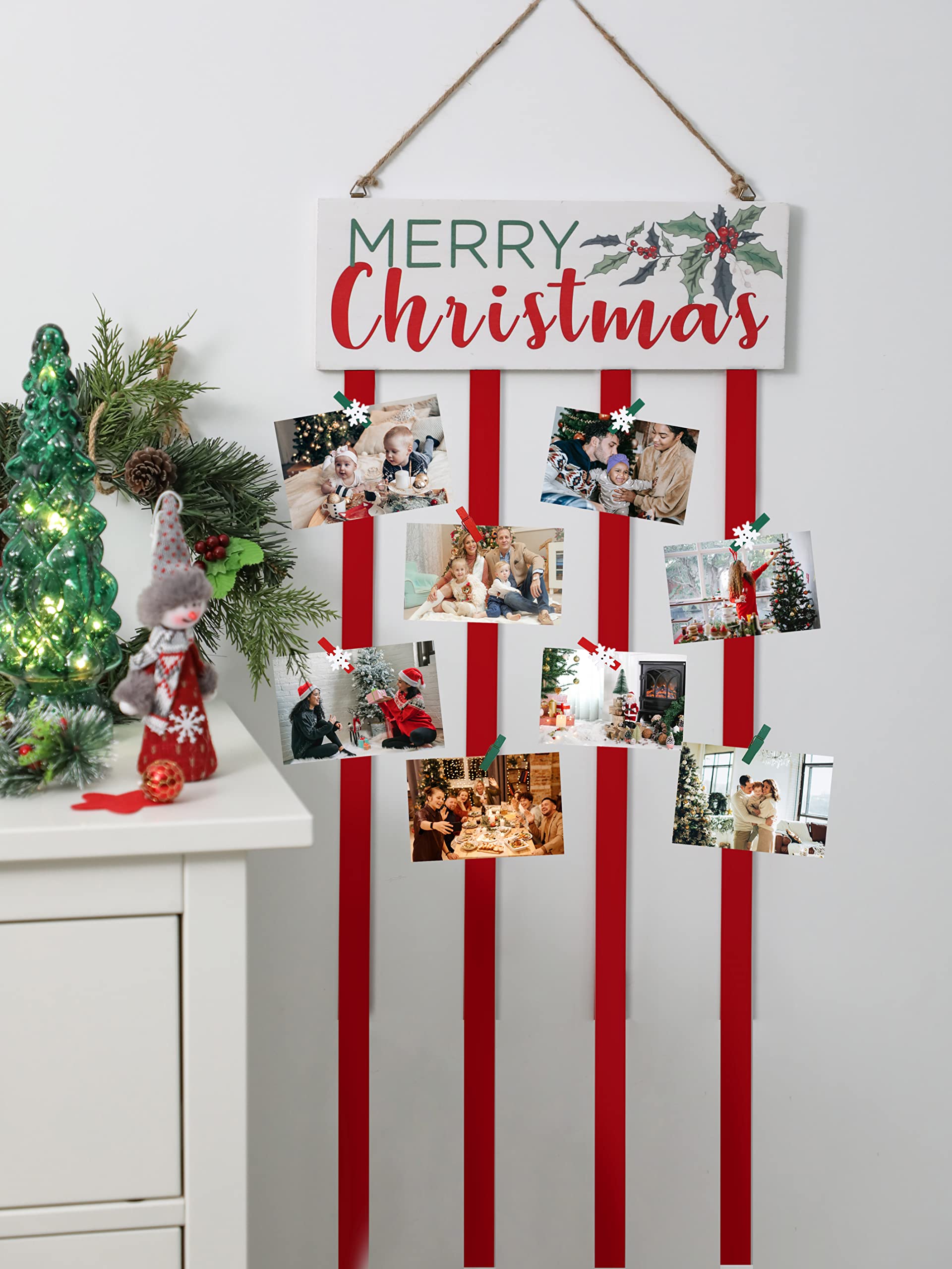 NEWLIGHTURE Wooden Christmas Card Holder Wall Display Merry Christmas Hanging Picture Holder with 24 Clips for Holiday Décor