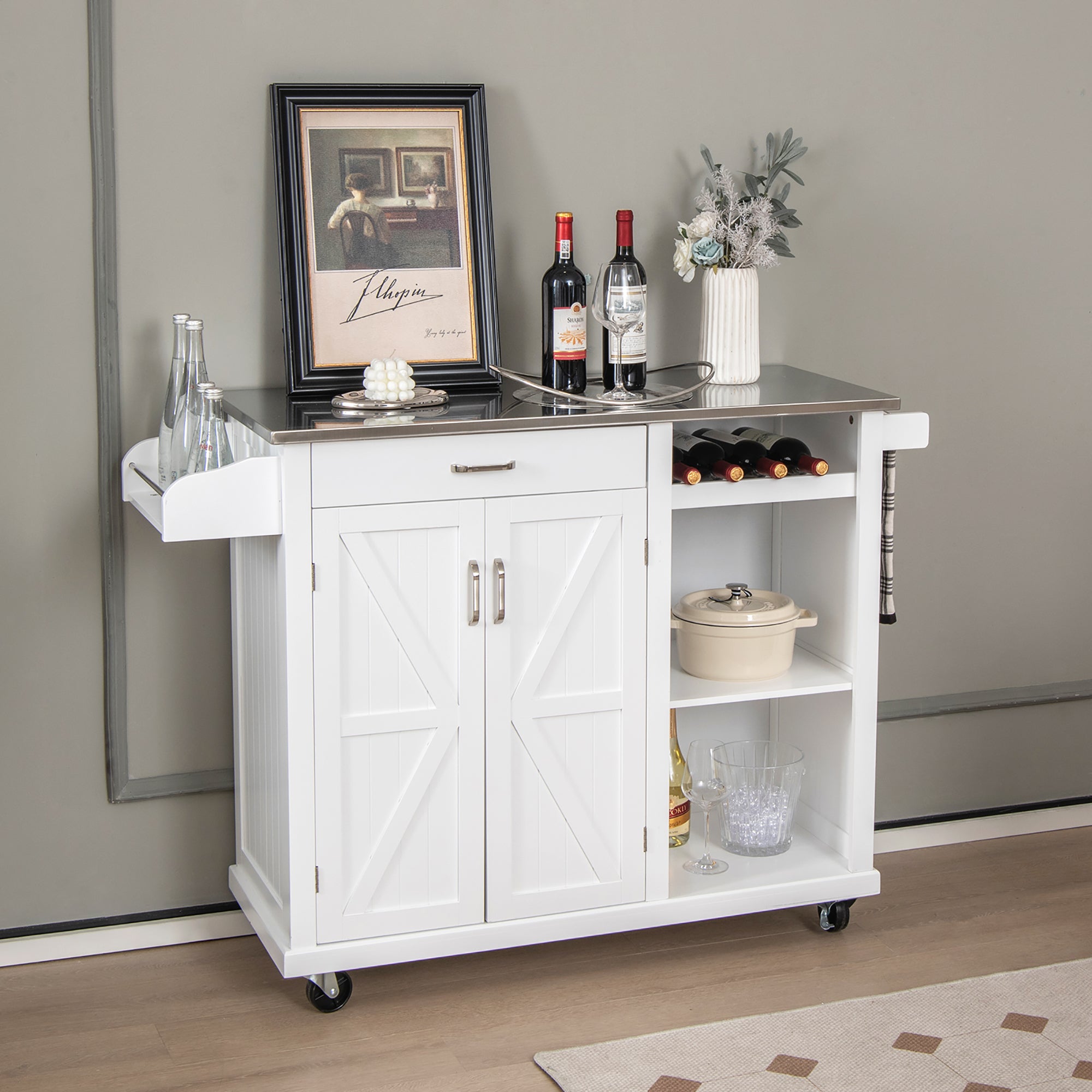 Costway Kitchen Island Cart Rolling Utility Trolley Stainless Steel Top Wine Rack