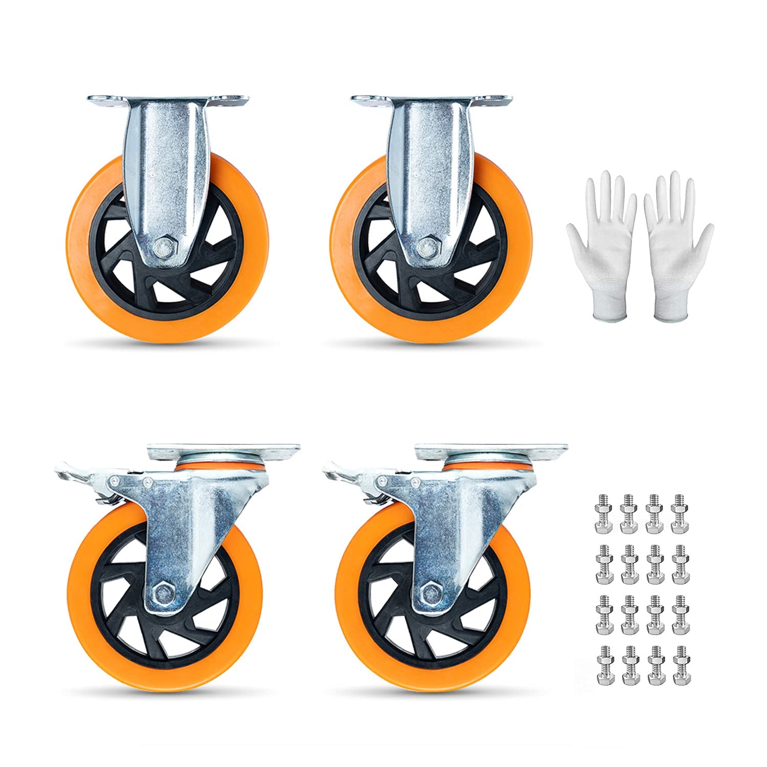 Ataqus N/A 5 Inches Heavy Duty Polyurethane Caster Wheels Anti-Skid Swivel Casters Wheels with 360 Degree for Set of 4 Orange (2PCS Loc