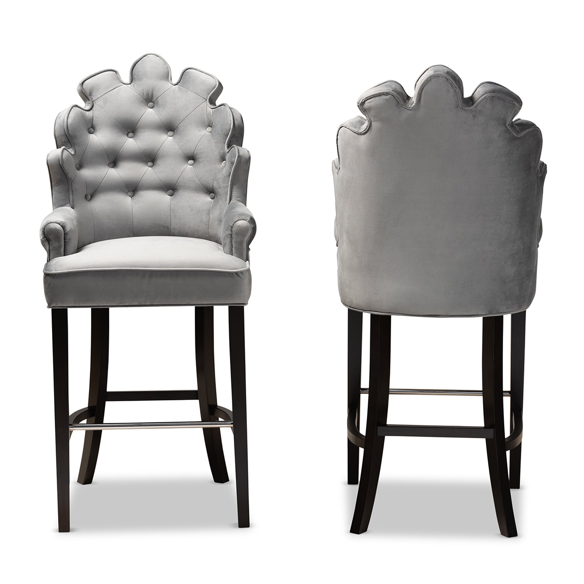 Baxton Studio Chloe Modern and Contemporary Dark Grey Velvet Upholstered and Dark Brown Finished Wood 2-Piece Bar Stool Set