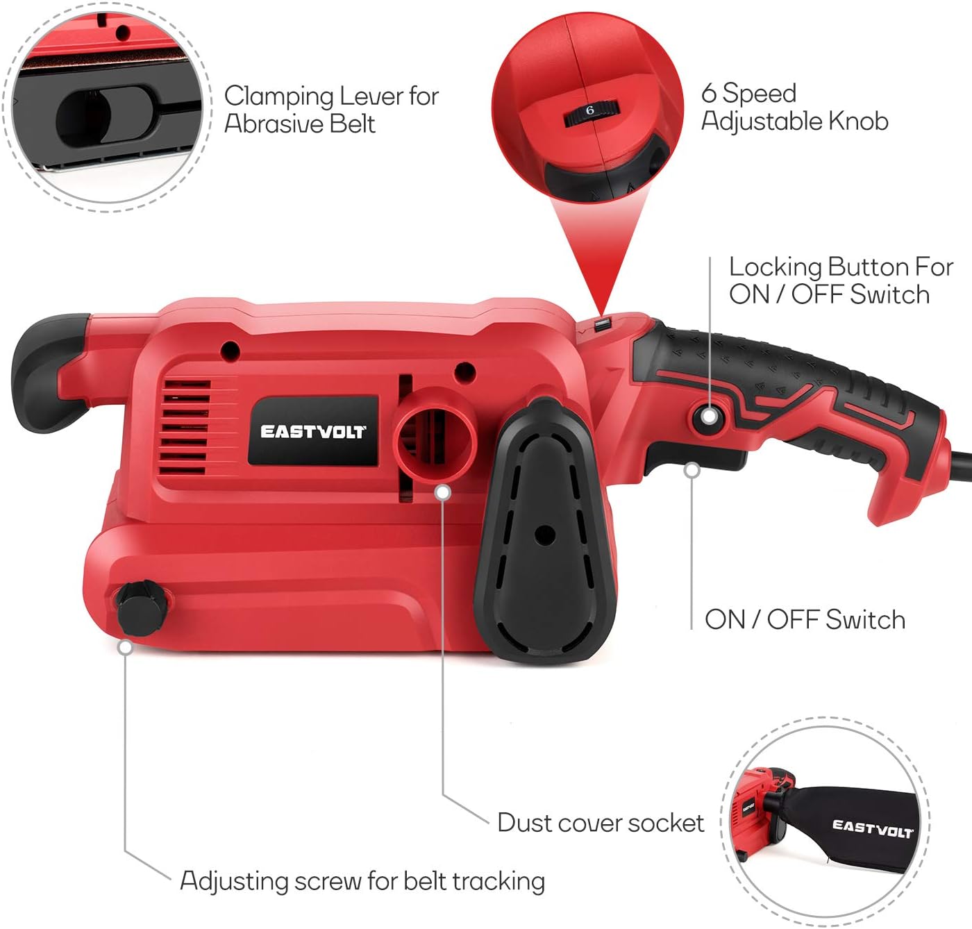 Eastvolt 7 Amp Belt Sander 200-360RPM with 6 Variable Speed, 3 x 18 Inch Belt Sander with 20 Pcs Sanding Belts, Screw Clamps, Dust Bag