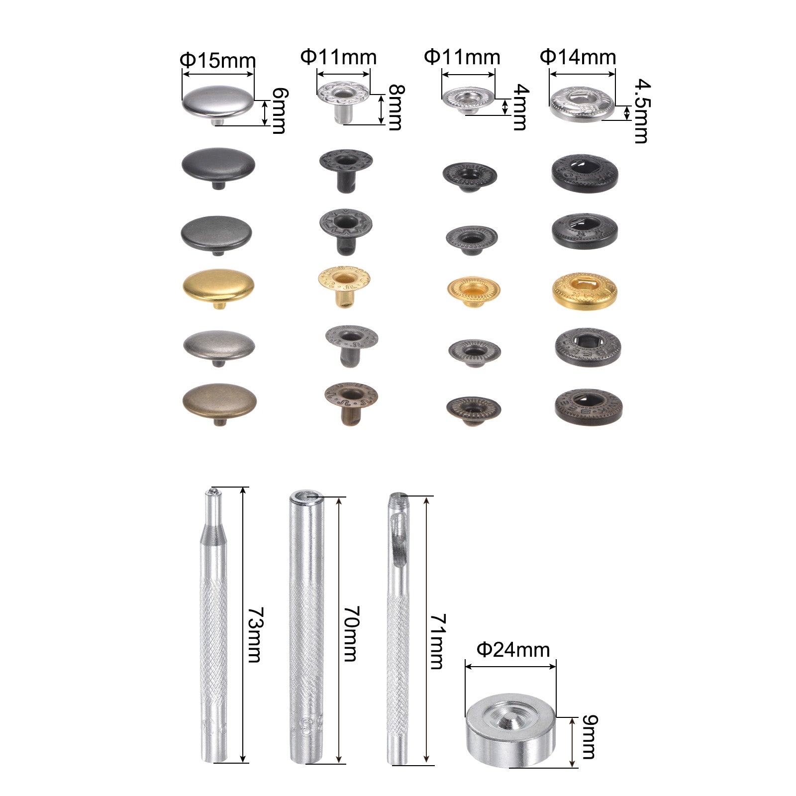 Unique Bargains 2 Boxes 60 Sets/Box Snap Fasteners Kit 15mm with 4 Setter Tools