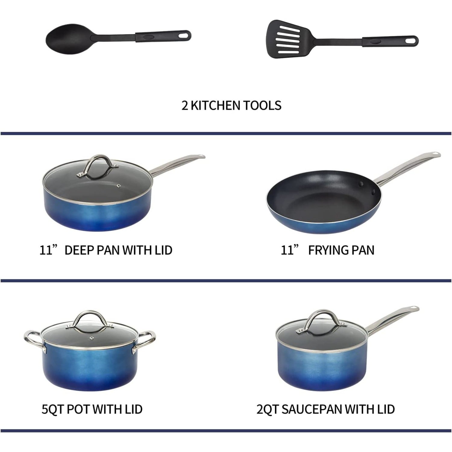 Altatac Nonstick 9 Piece Cookware Set 9.75&s;&s; Pot, 11&s;&s; Frying Pan, 7.25&s;&s; Pan, 11&s;&s; Deep Pan &a; 2 12&s;&s; Tools