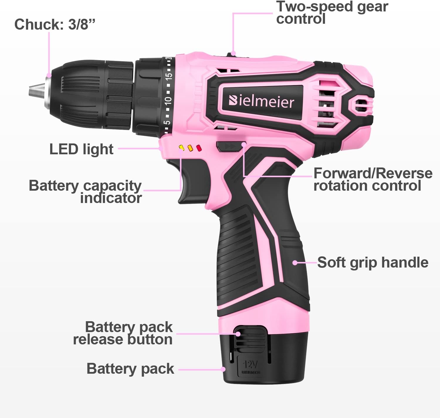 Bielmeier Pink Cordless 12V Lithium-ion Drill Driver Set for DIY, 82 pcs Drill Set, Home tool set, 2.0Ah Battery, Charger and P
