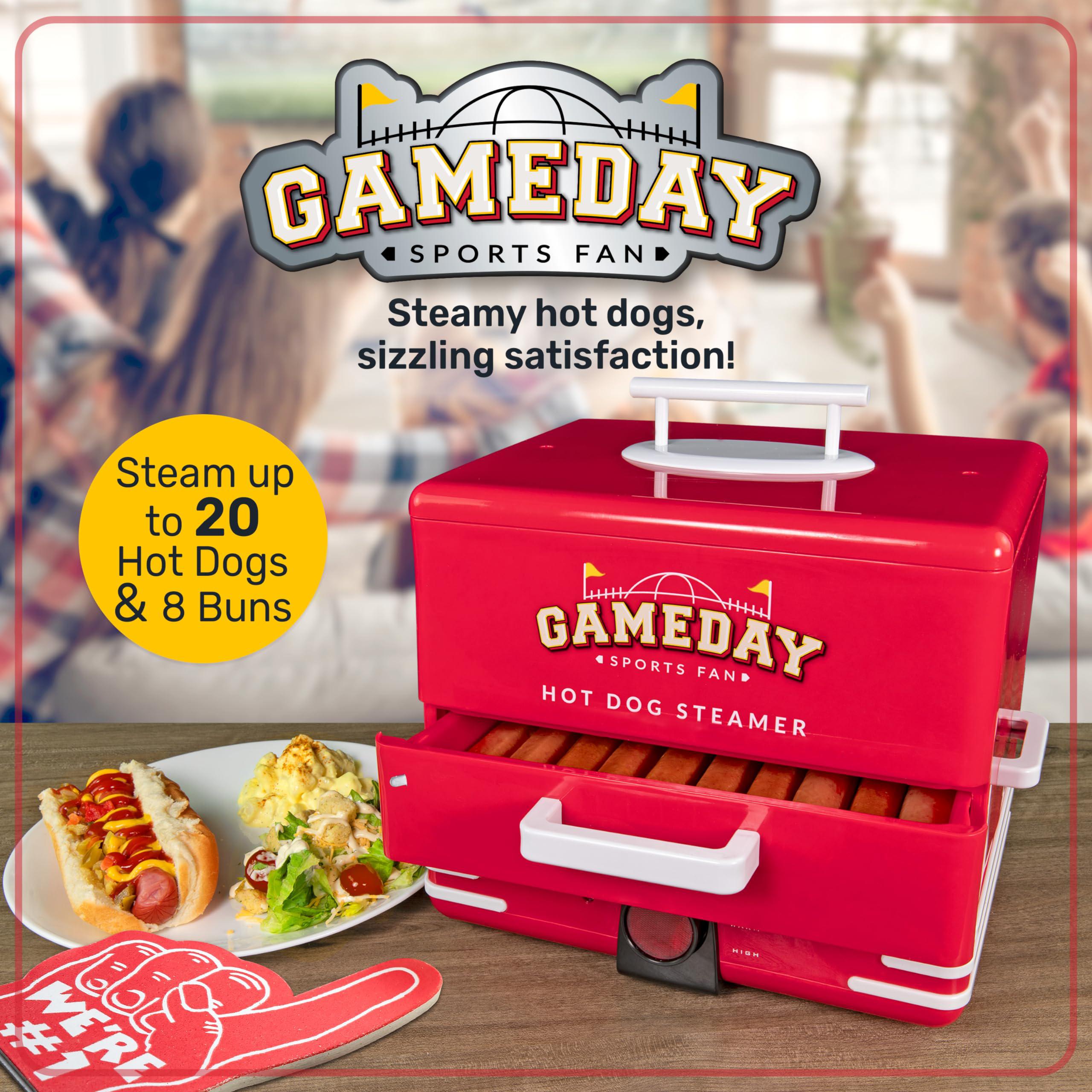 nostalgia game day hot dog streamer and bun wamer, fits 20 dogs and 8 buns, steams pot stickers, veggies, potatos, and other