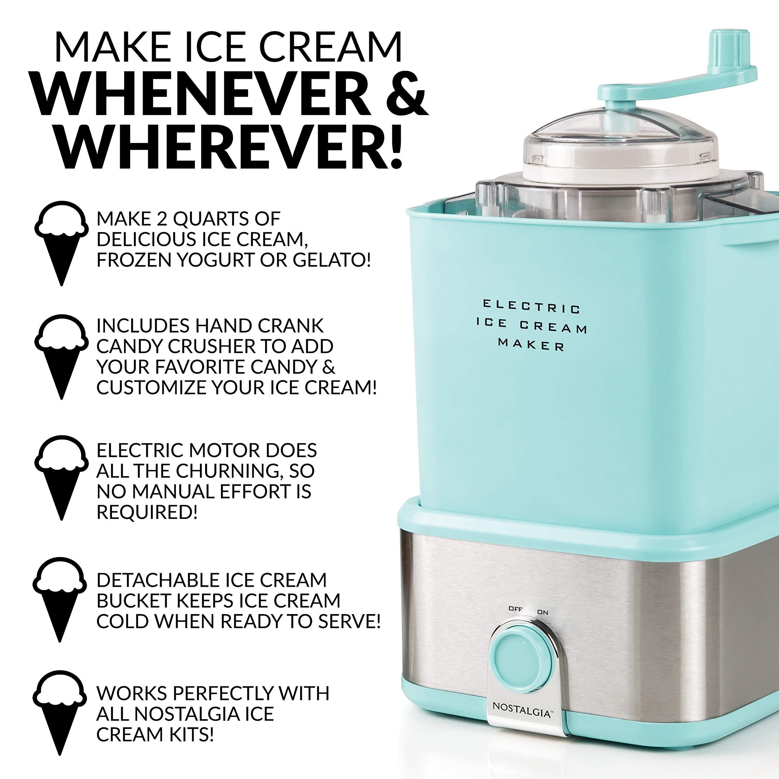 nostalgia aqua blue electric ice cream maker with candy crusher, 2 quart